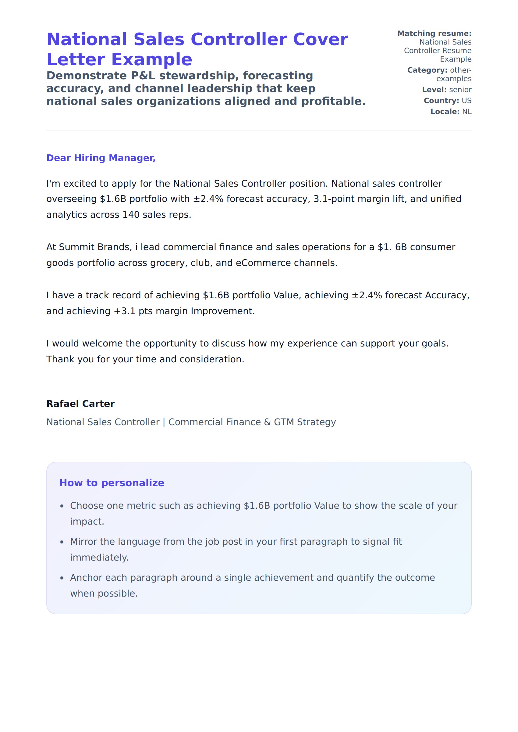 Cover Letter preview for National Sales Controller Cover Letter Example
