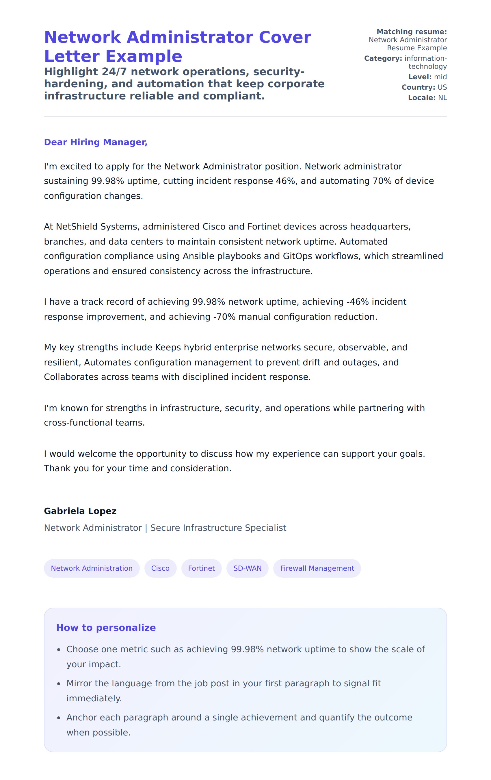Cover Letter preview for Network Administrator Cover Letter Example