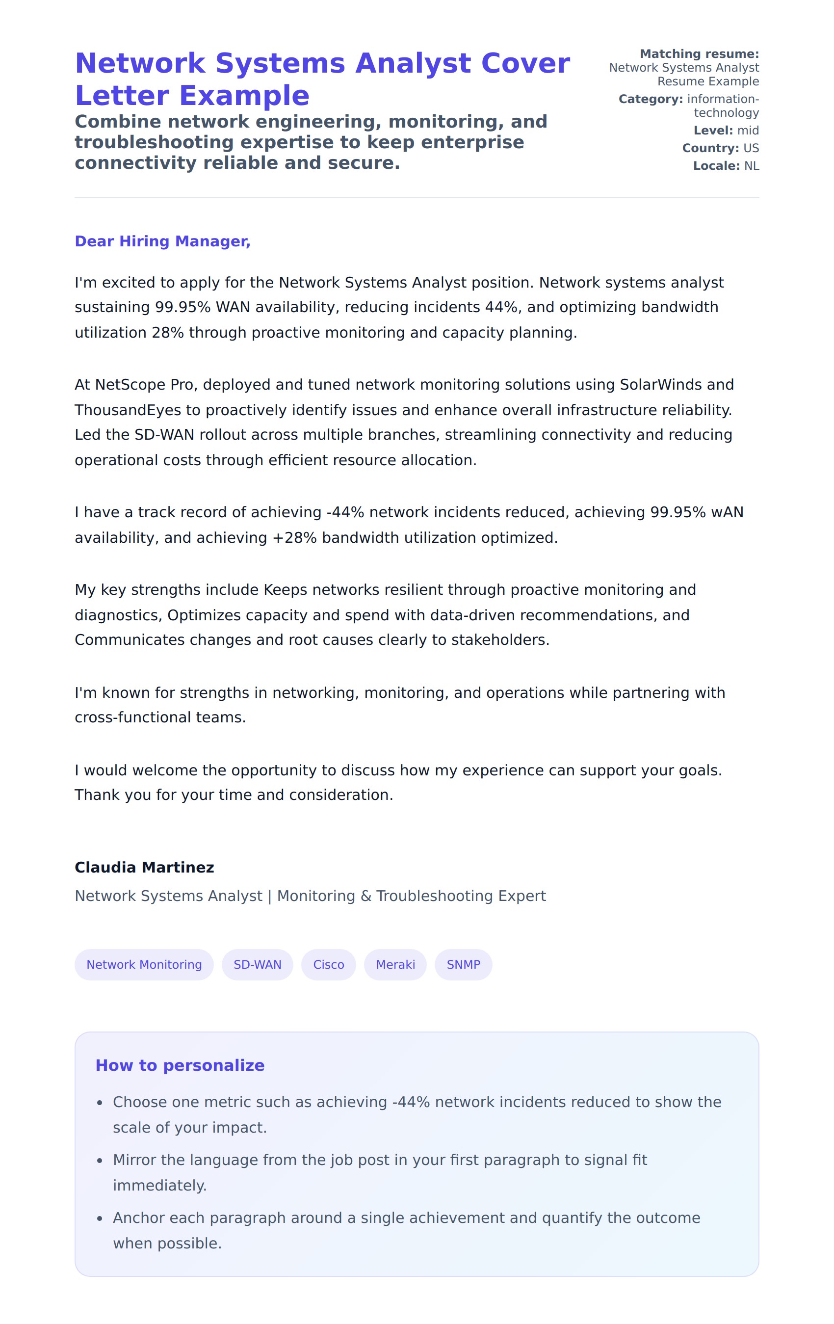 Cover Letter preview for Network Systems Analyst Cover Letter Example