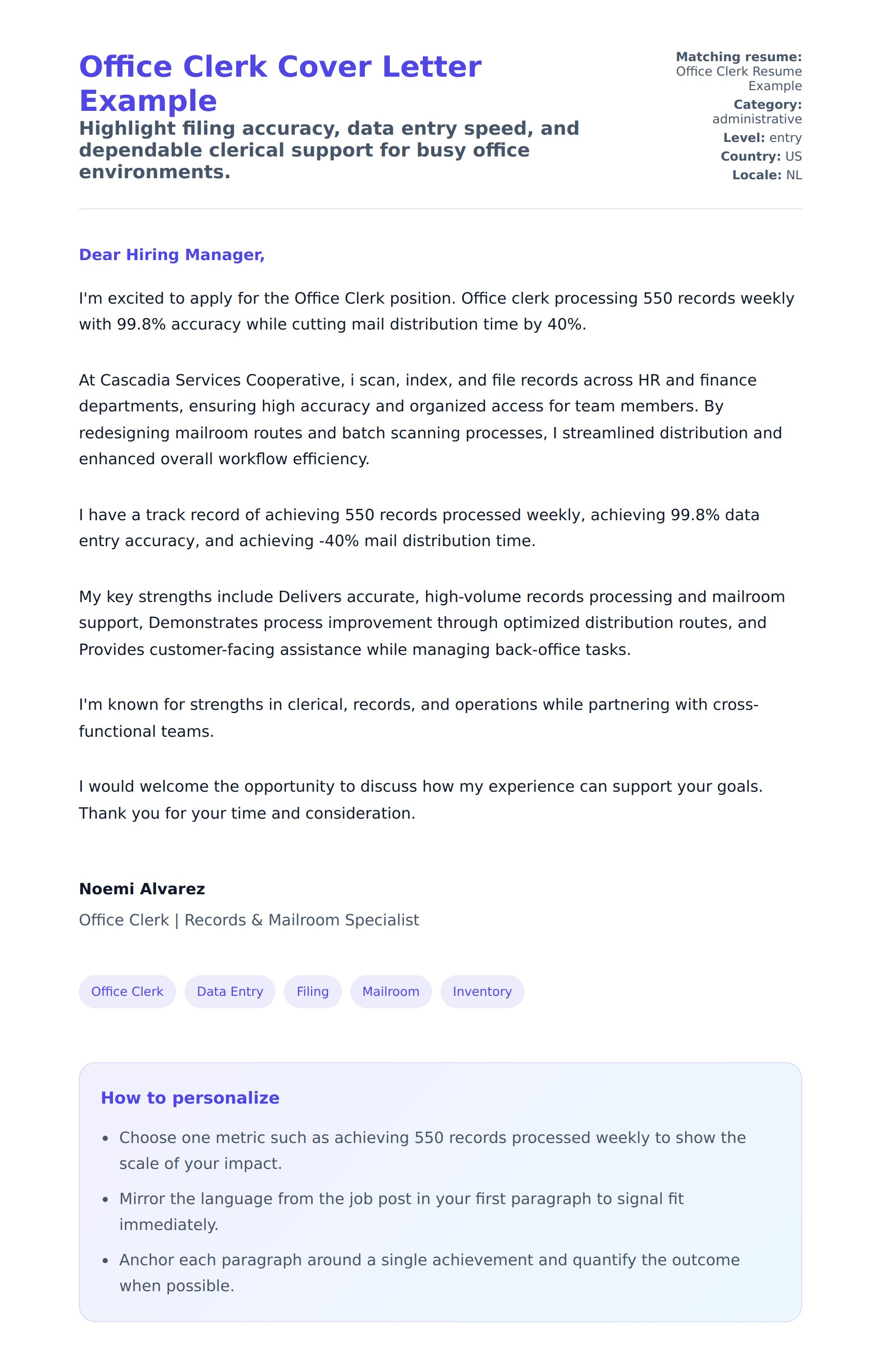 Cover Letter preview for Office Clerk Cover Letter Example