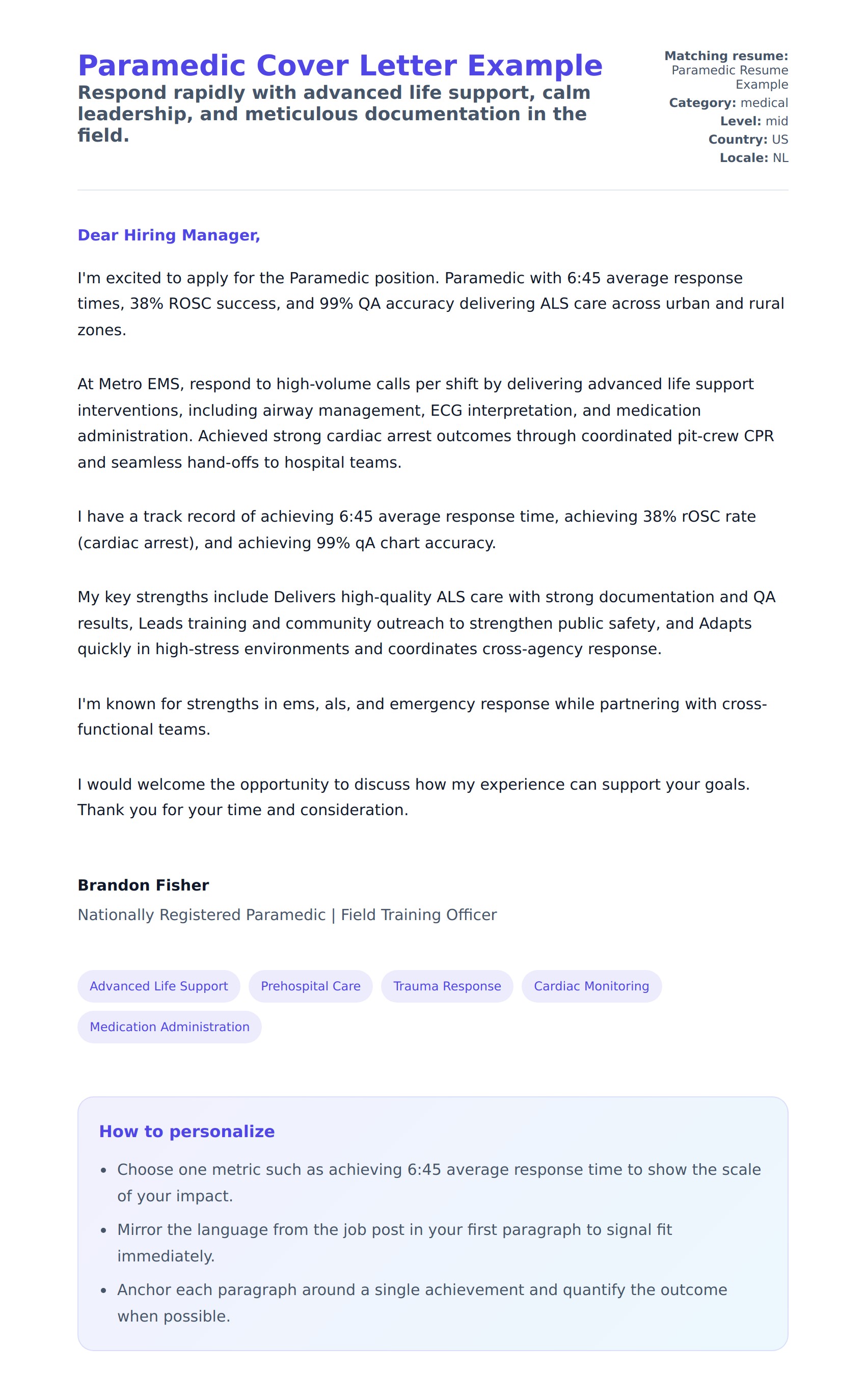 Cover Letter preview for Paramedic Cover Letter Example