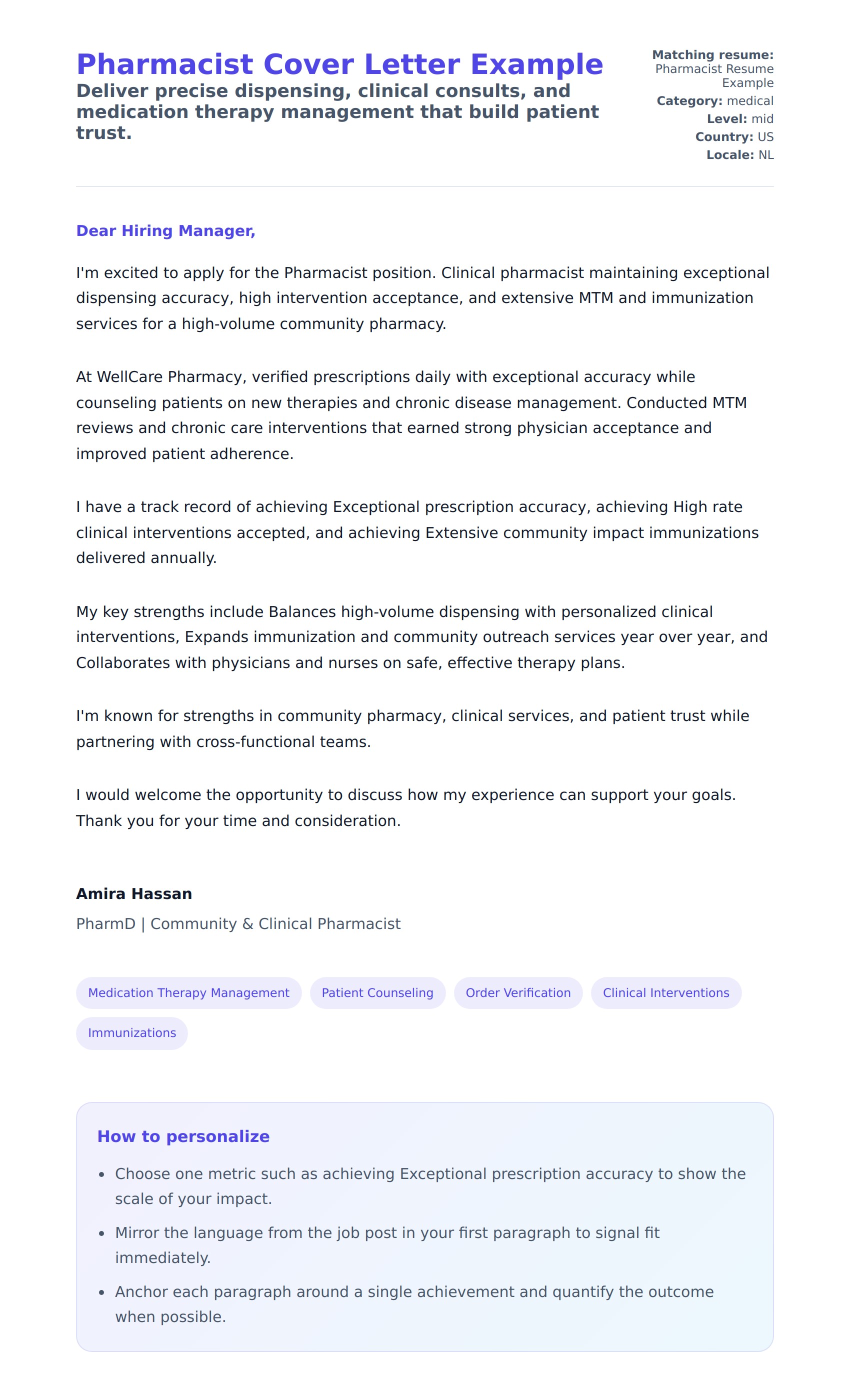 Cover Letter preview for Pharmacist Cover Letter Example
