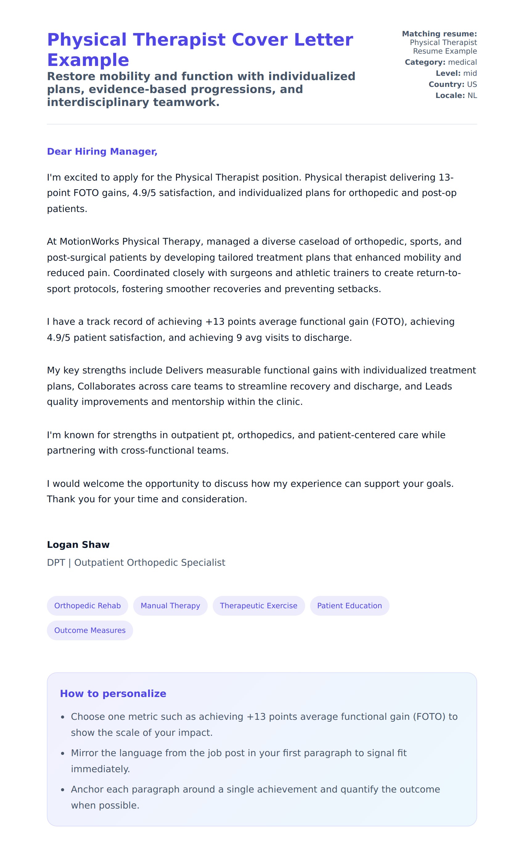 Cover Letter preview for Physical Therapist Cover Letter Example