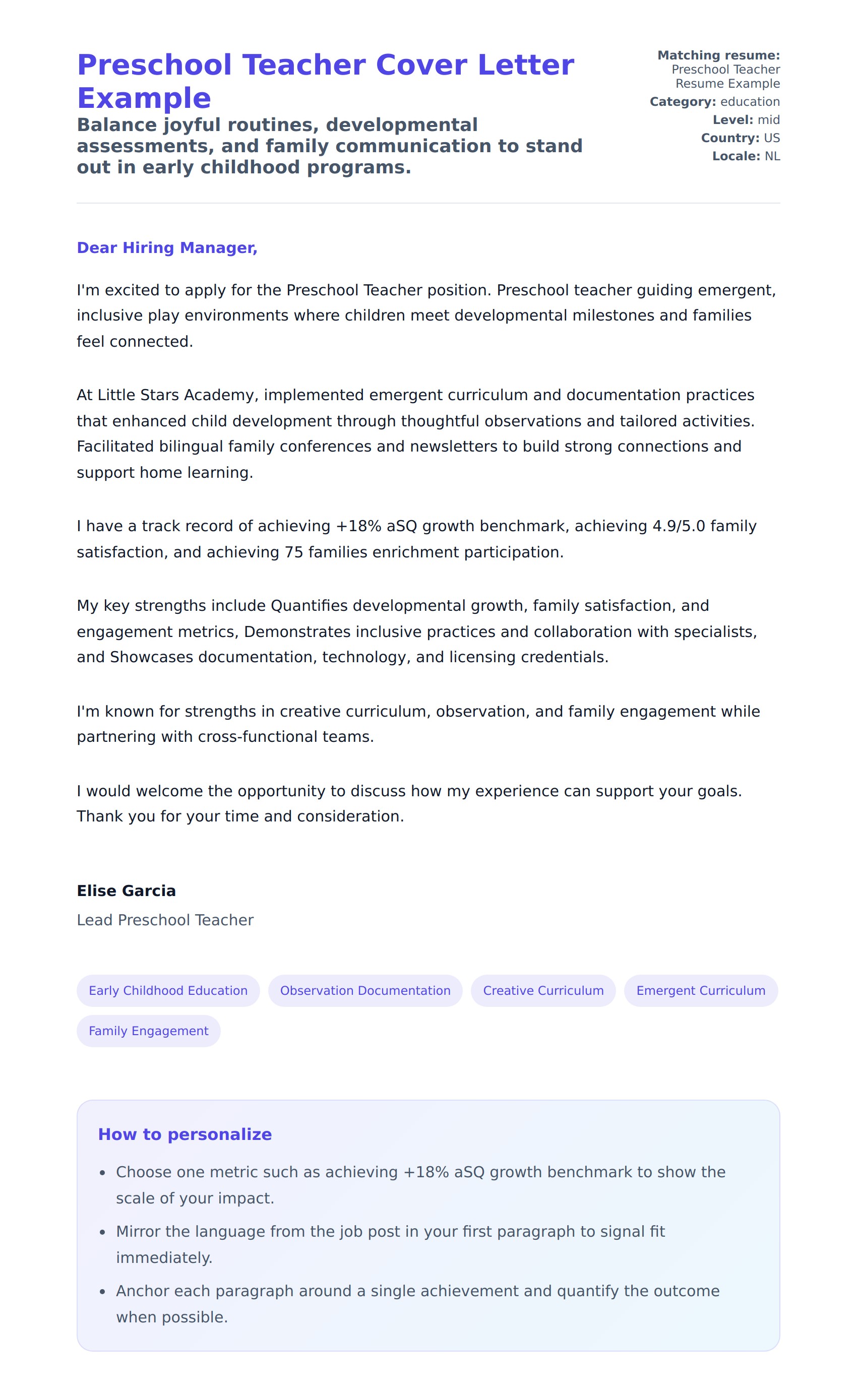 Cover Letter preview for Preschool Teacher Cover Letter Example