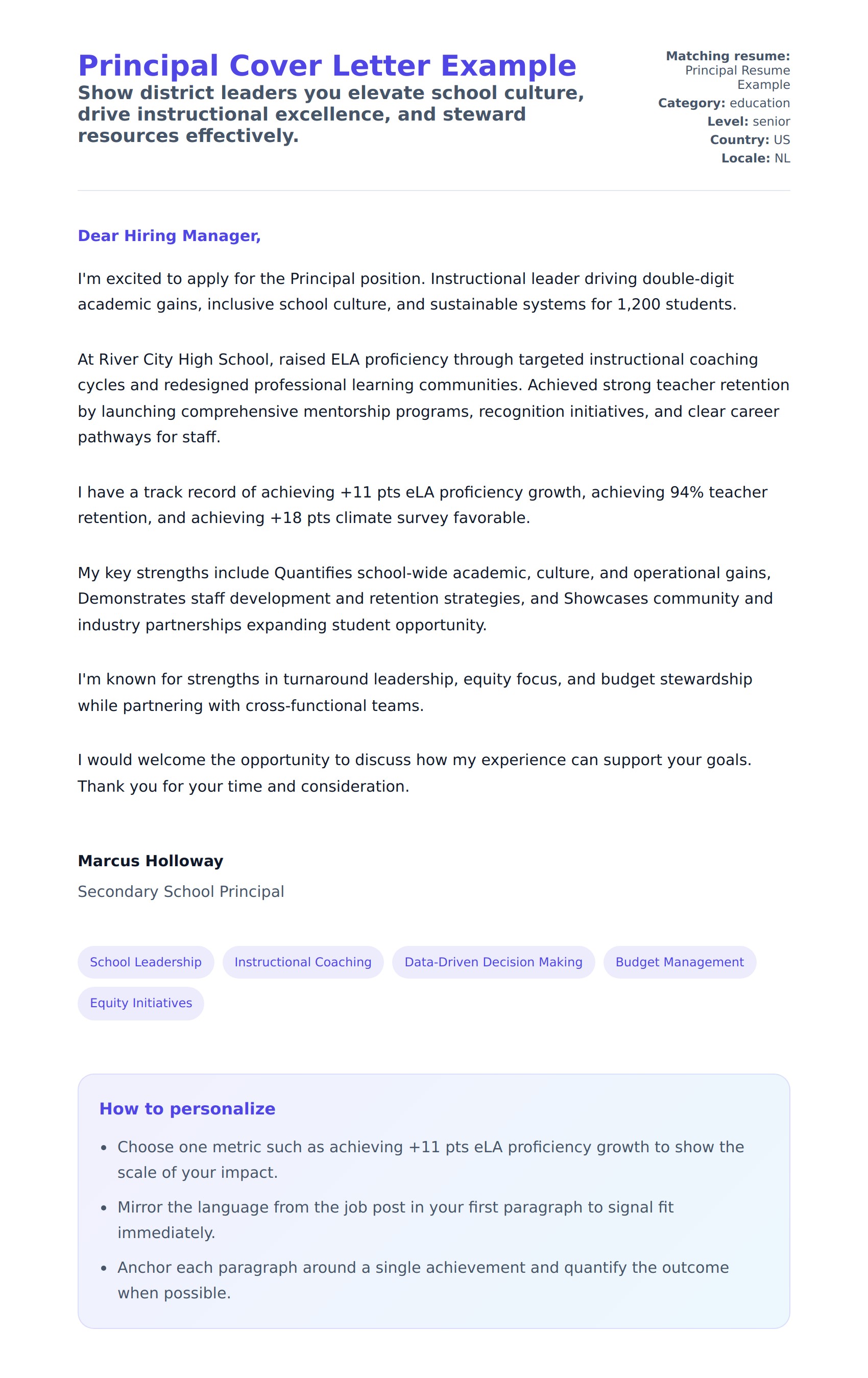 Cover Letter preview for Principal Cover Letter Example