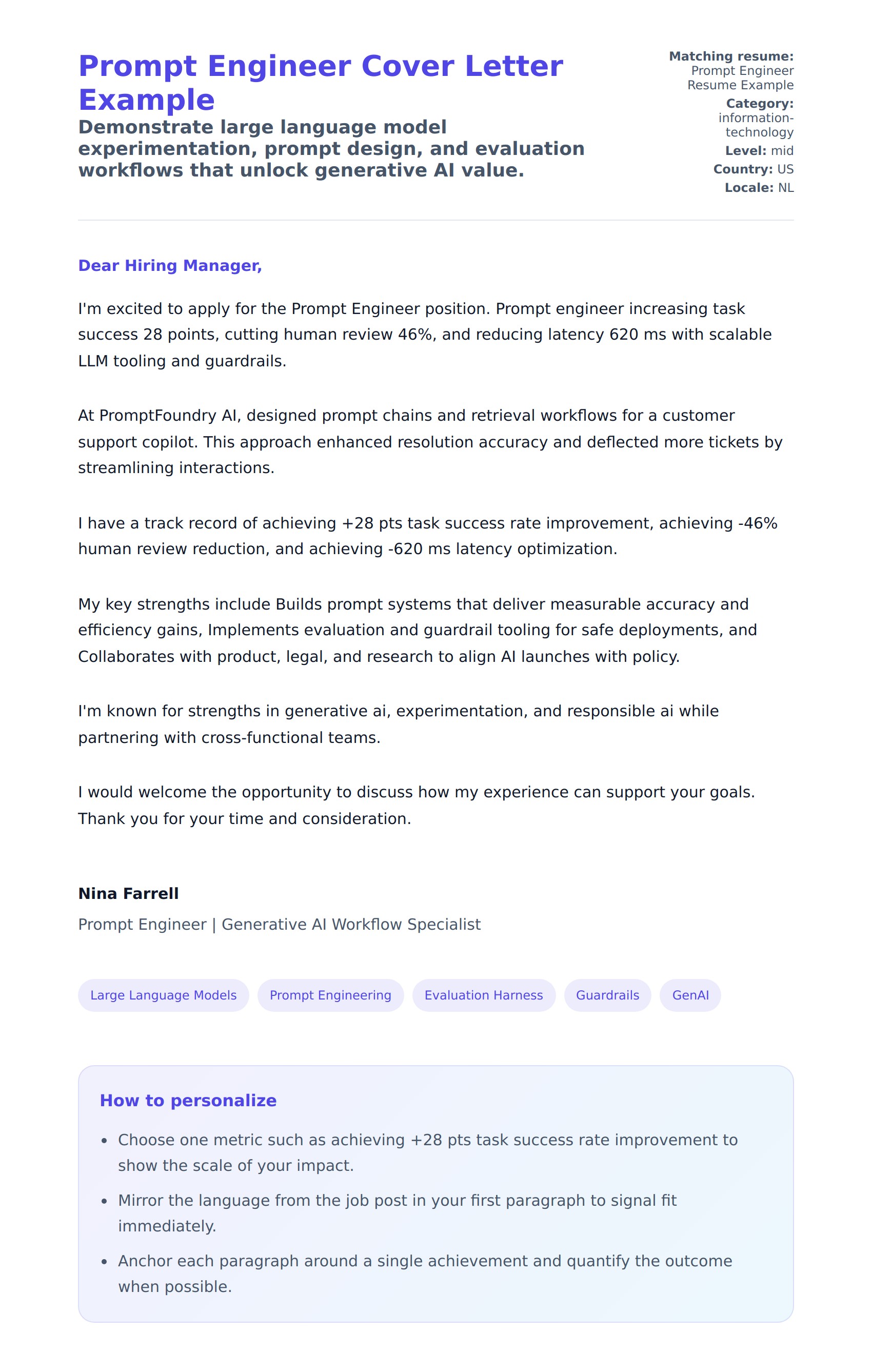 Cover Letter preview for Prompt Engineer Cover Letter Example