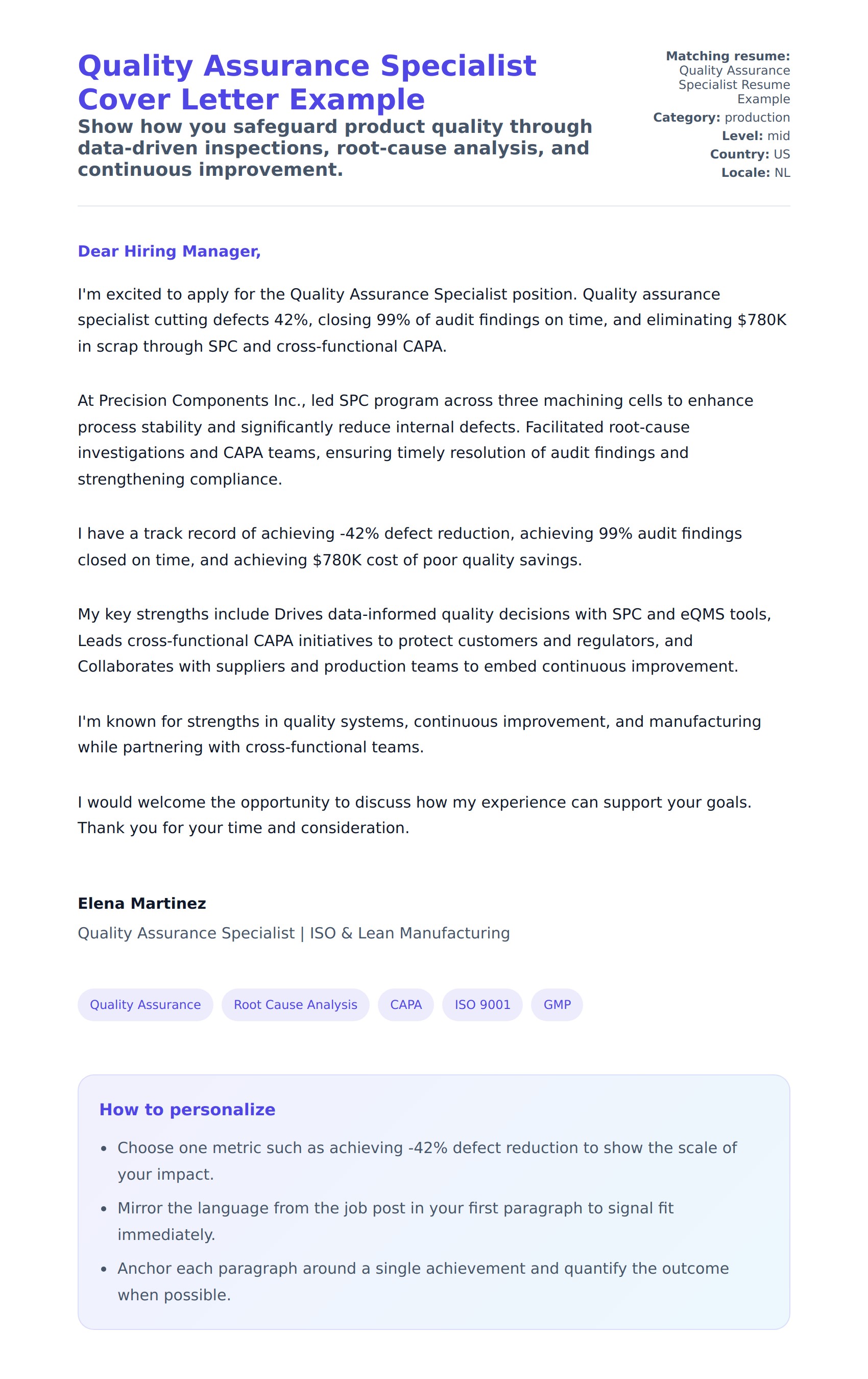Cover Letter preview for Quality Assurance Specialist Cover Letter Example