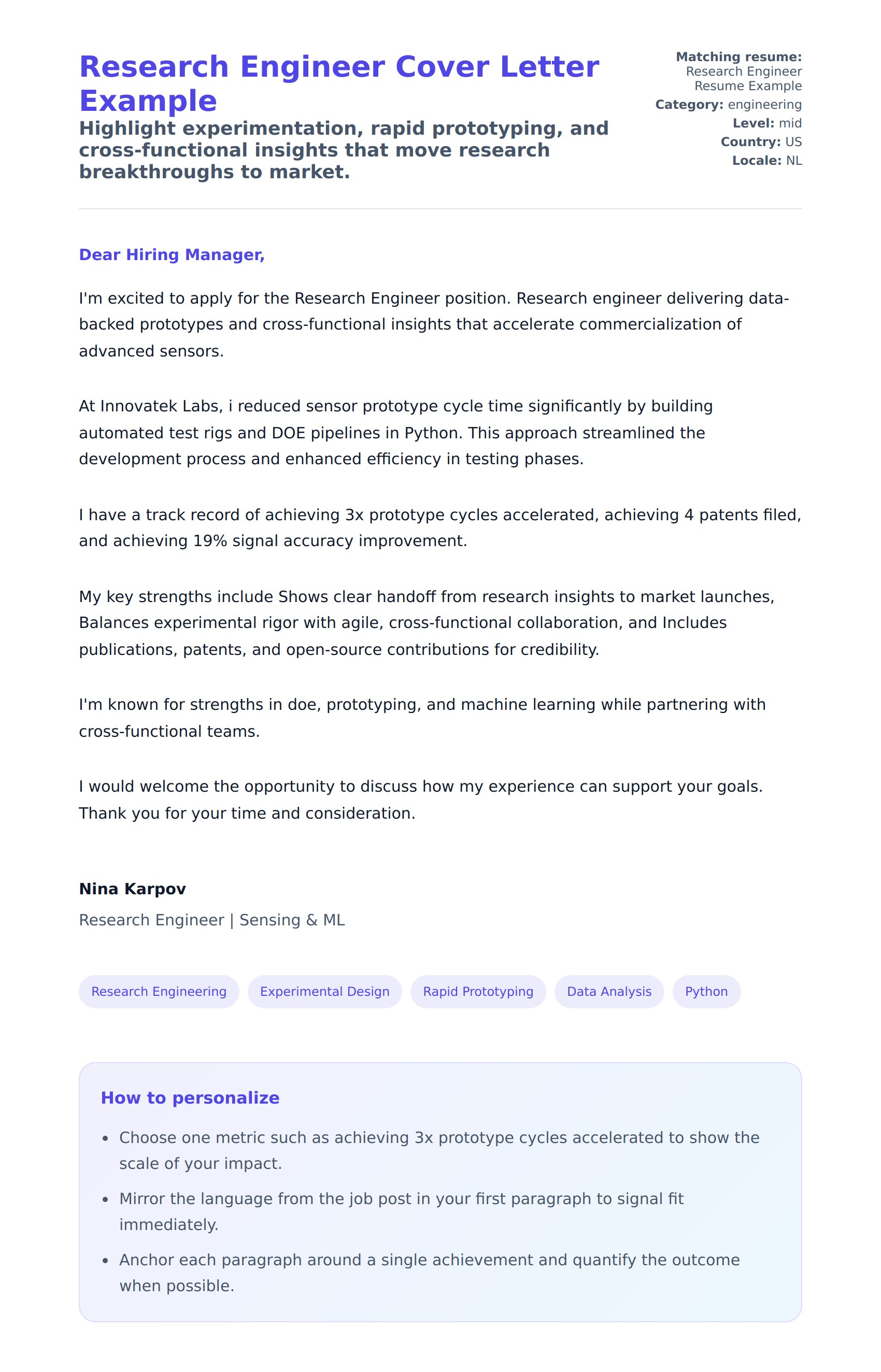 Cover Letter preview for Research Engineer Cover Letter Example