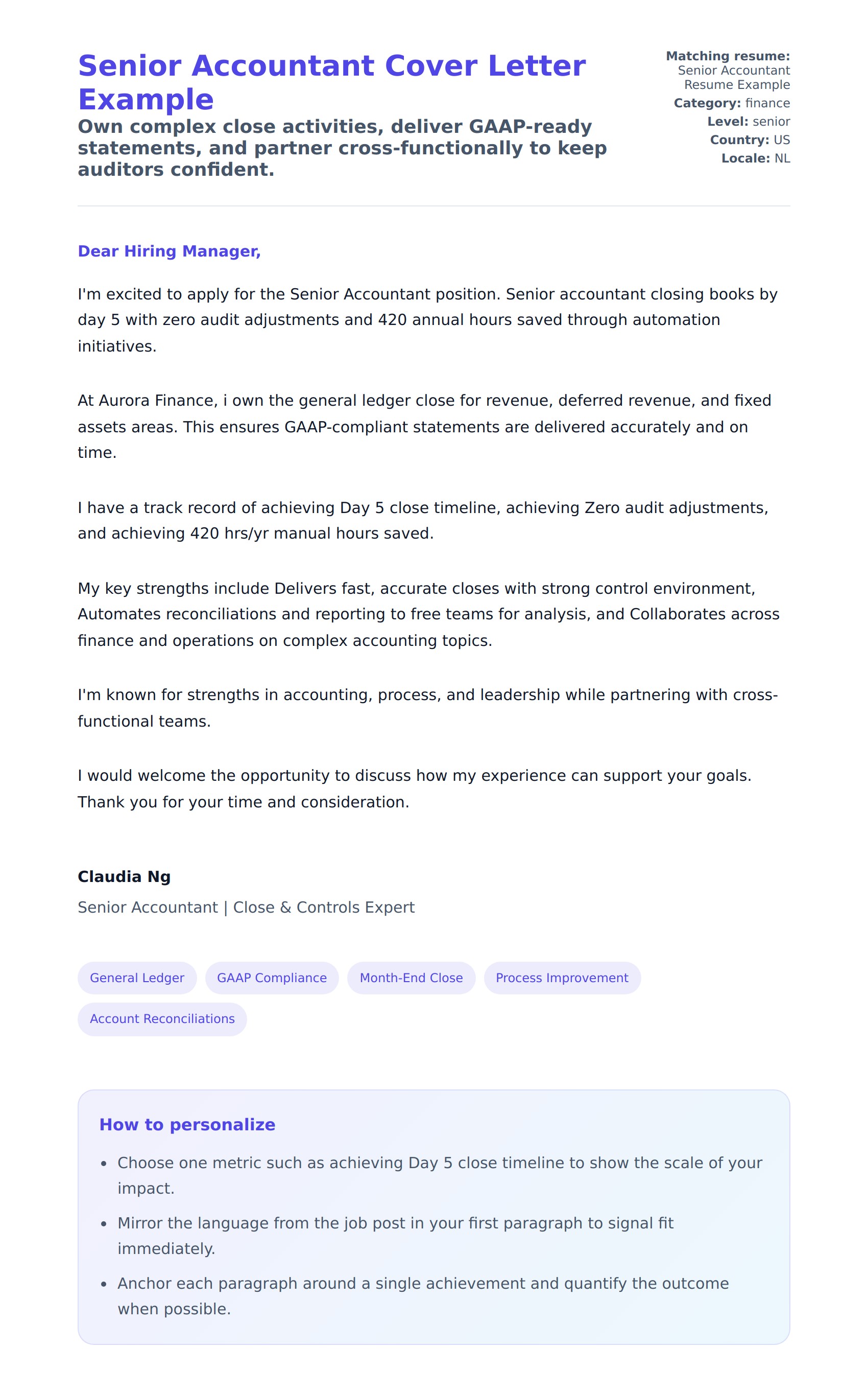 Cover Letter preview for Senior Accountant Cover Letter Example