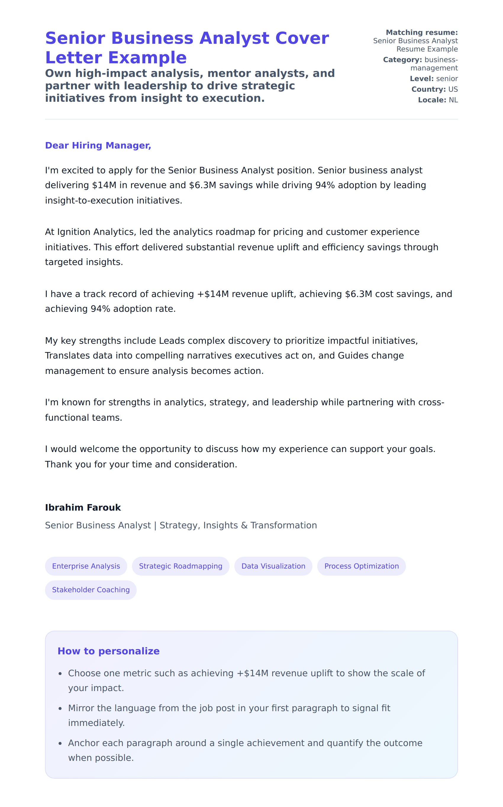 Cover Letter preview for Senior Business Analyst Cover Letter Example