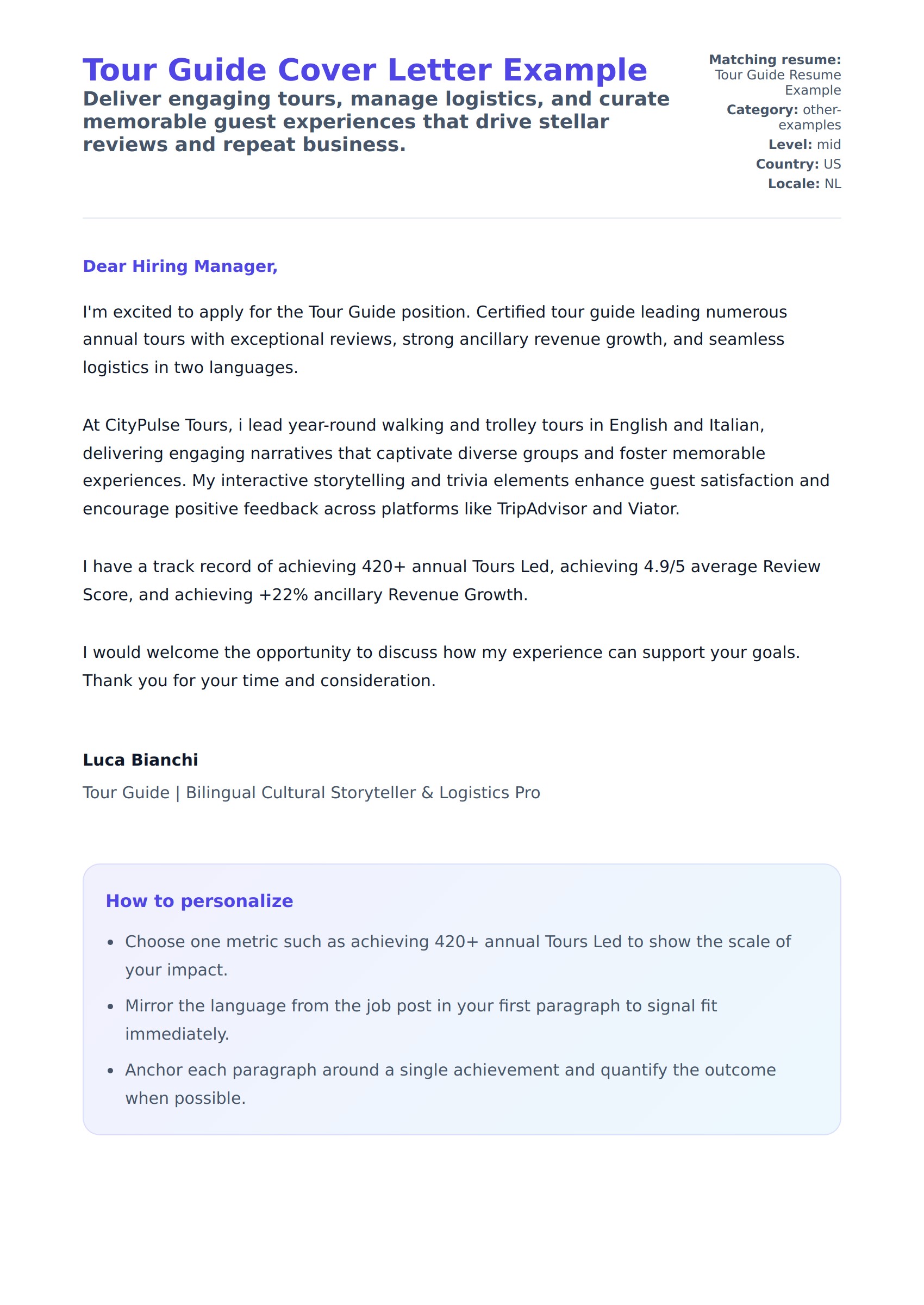 Cover Letter preview for Tour Guide Cover Letter Example