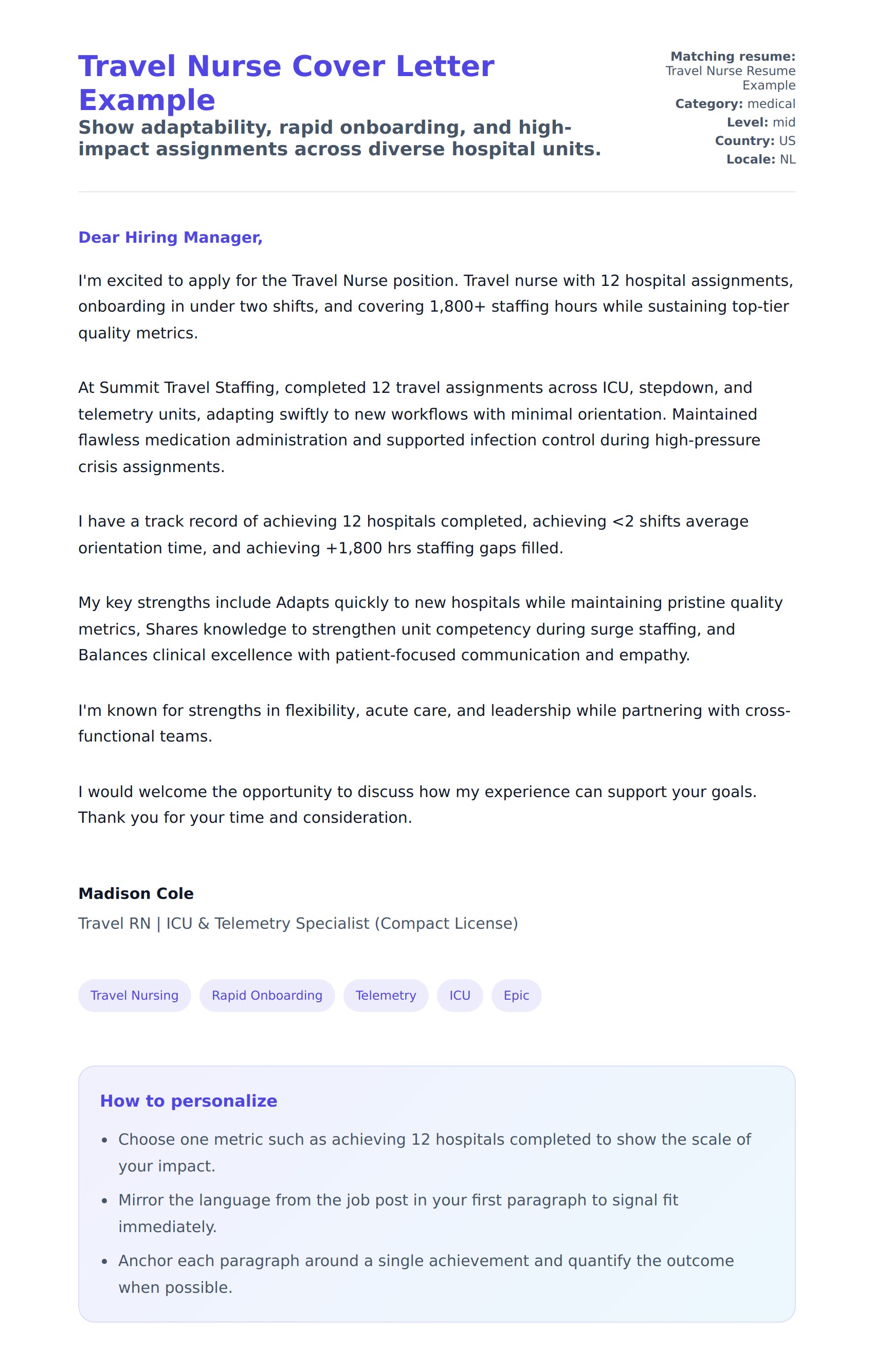 Cover Letter preview for Travel Nurse Cover Letter Example