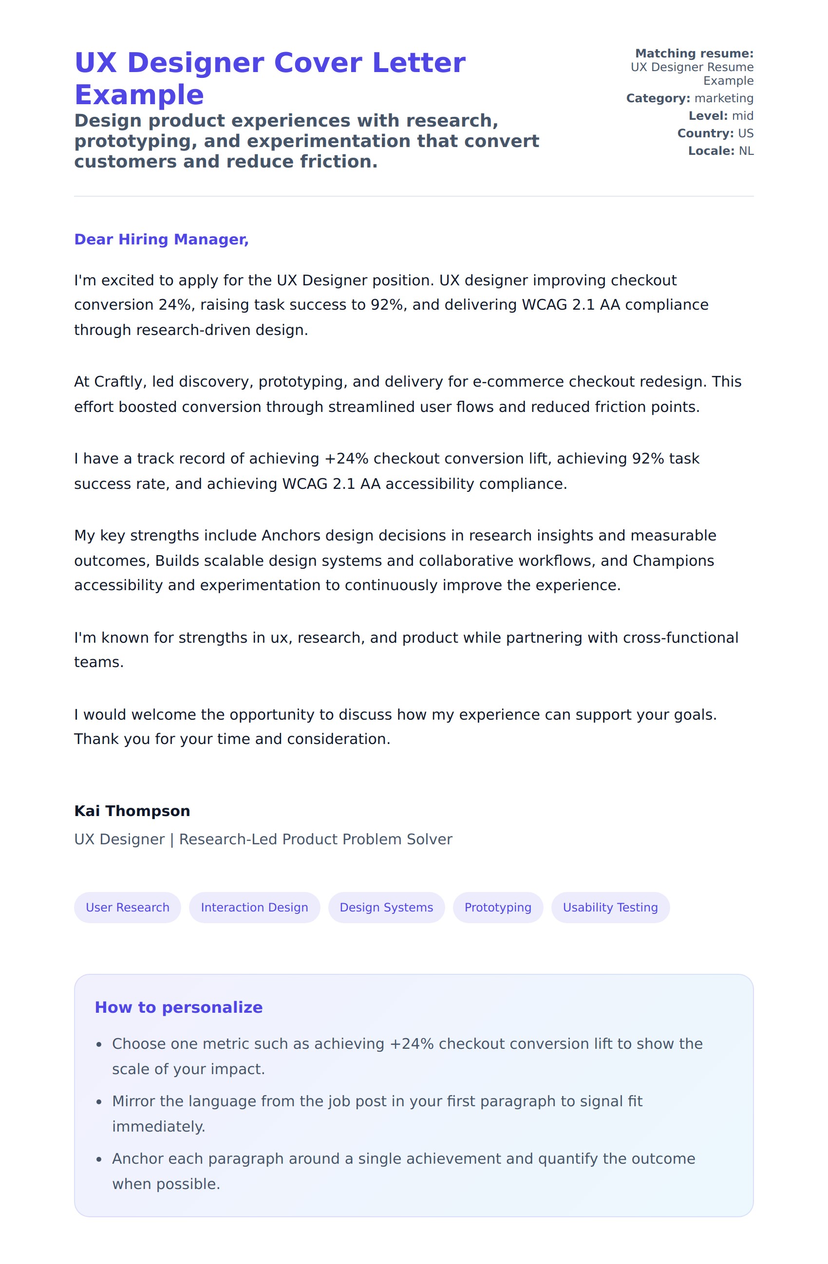 Cover Letter preview for UX Designer Cover Letter Example