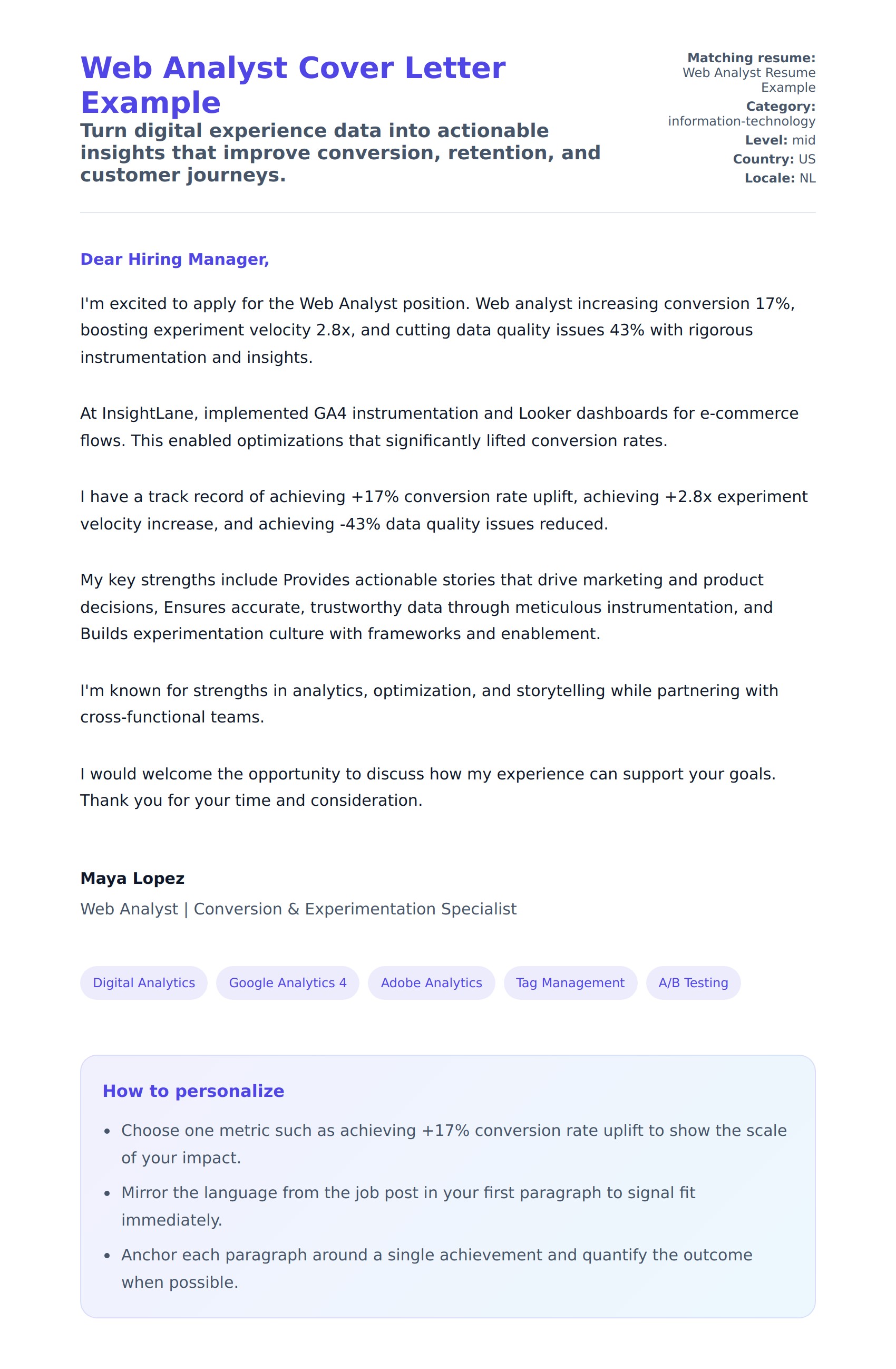 Cover Letter preview for Web Analyst Cover Letter Example