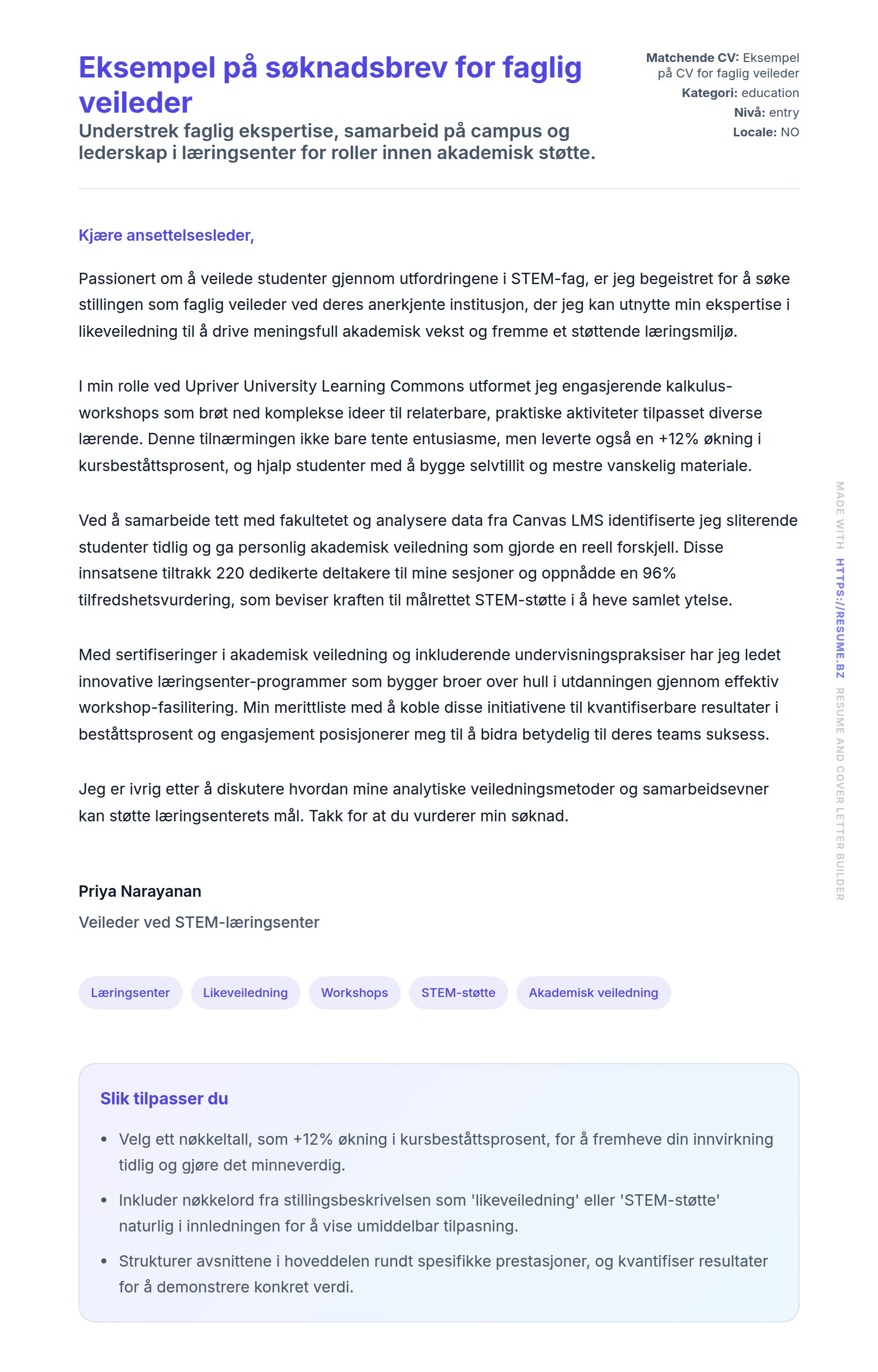 Forhåndsvisning av søknadsbrev for Eksempel på søknadsbrev for faglig veileder