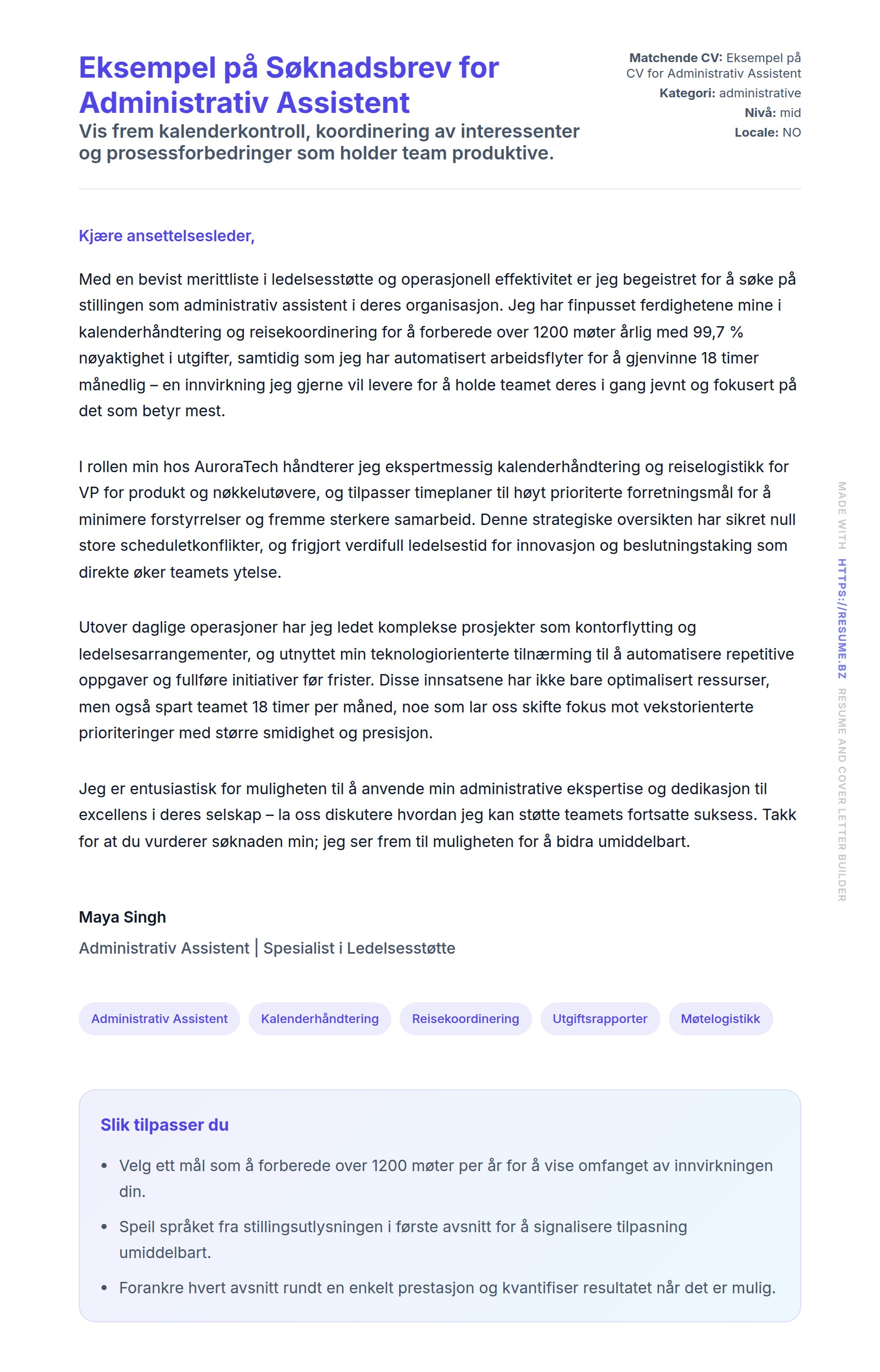 Eksempel på Søknadsbrev for Administrativ Assistent