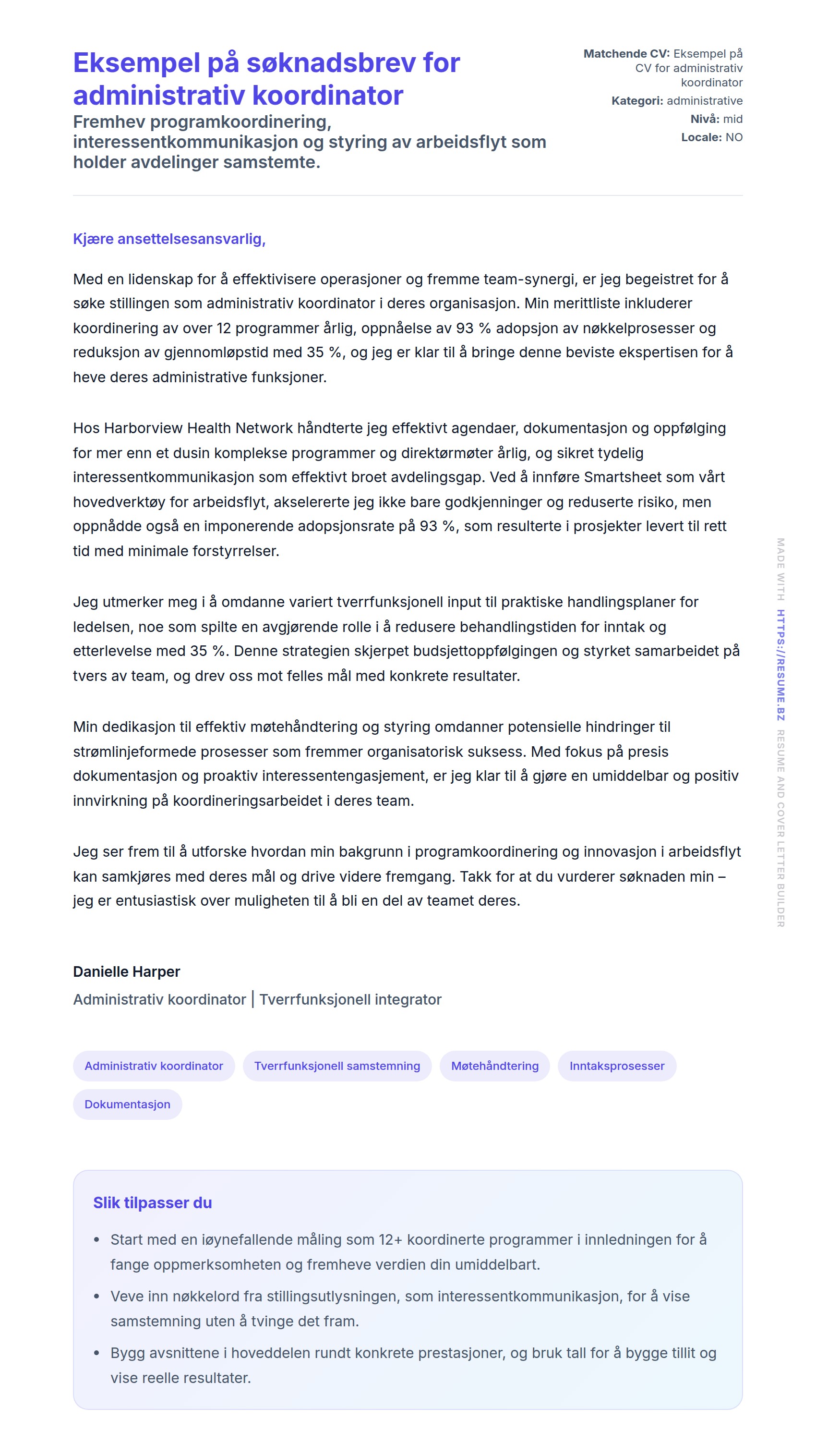 Forhåndsvisning av søknadsbrev for Eksempel på søknadsbrev for administrativ koordinator