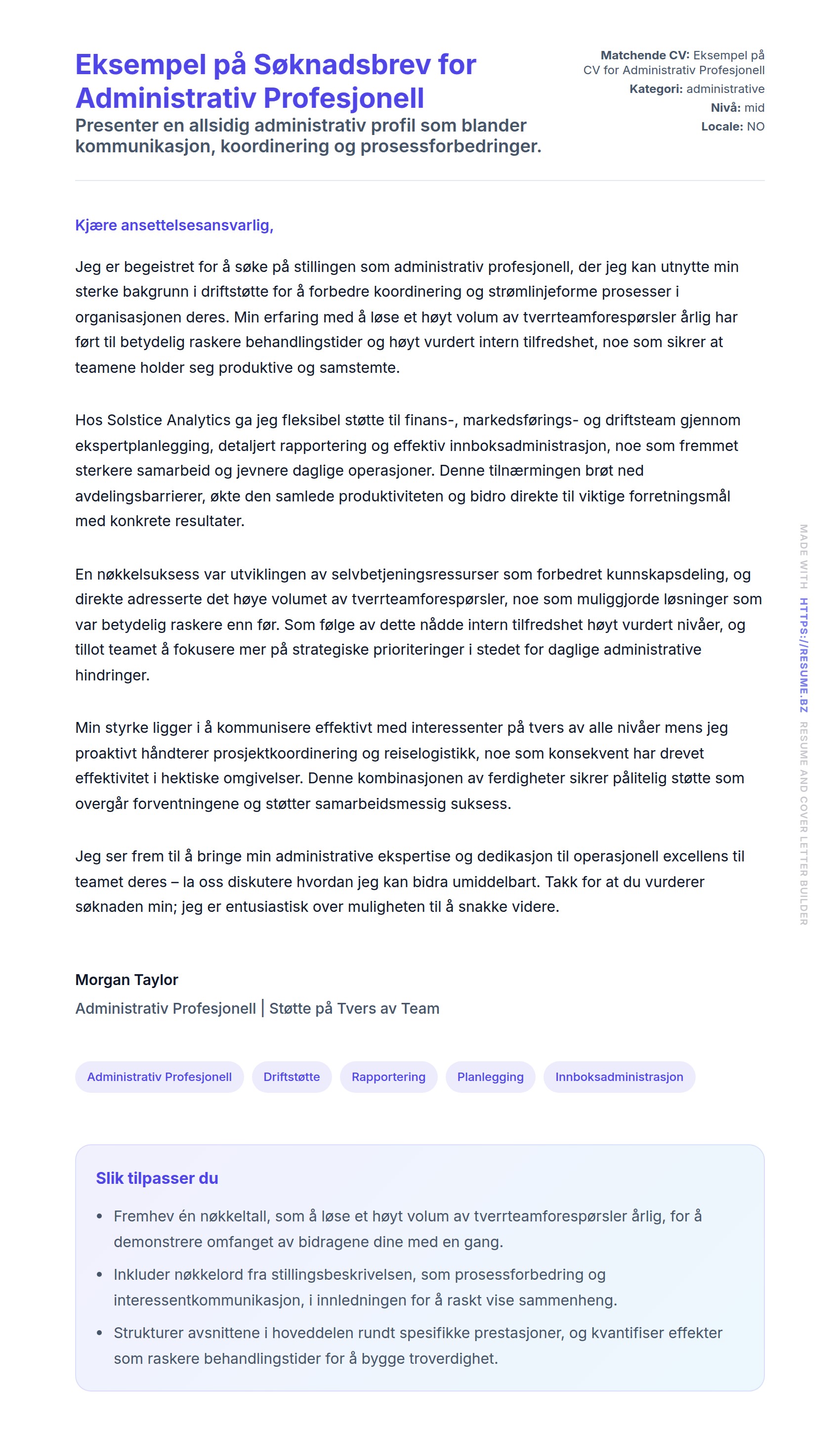 Forhåndsvisning av søknadsbrev for Eksempel på Søknadsbrev for Administrativ Profesjonell