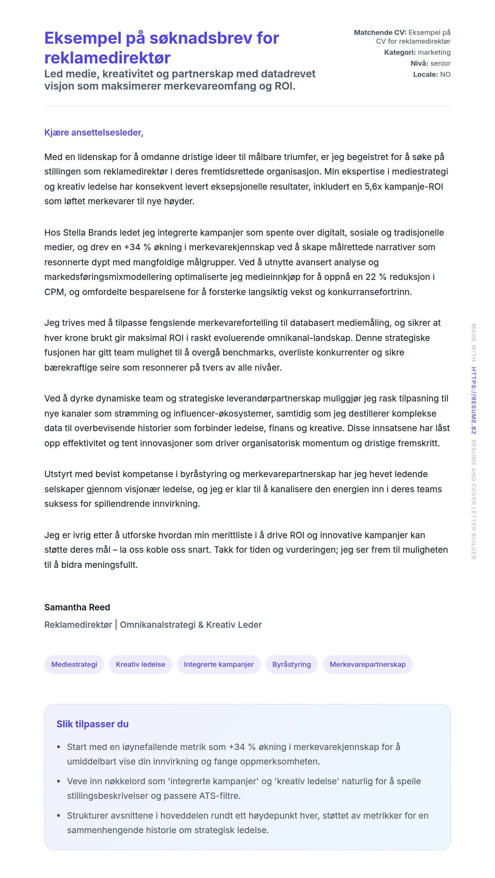 Eksempel på søknadsbrev for reklamedirektør