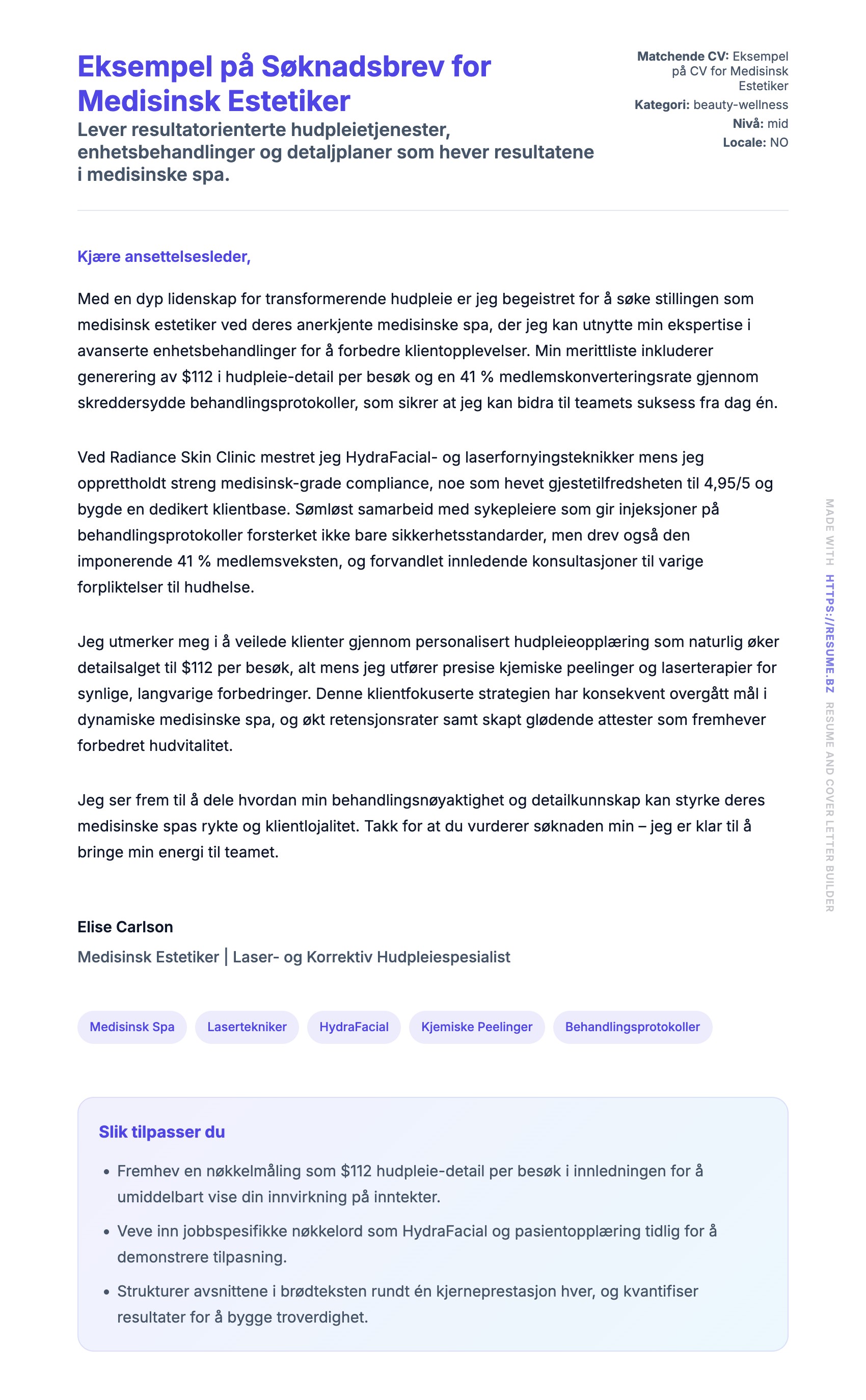 Forhåndsvisning av søknadsbrev for Eksempel på Søknadsbrev for Medisinsk Estetiker