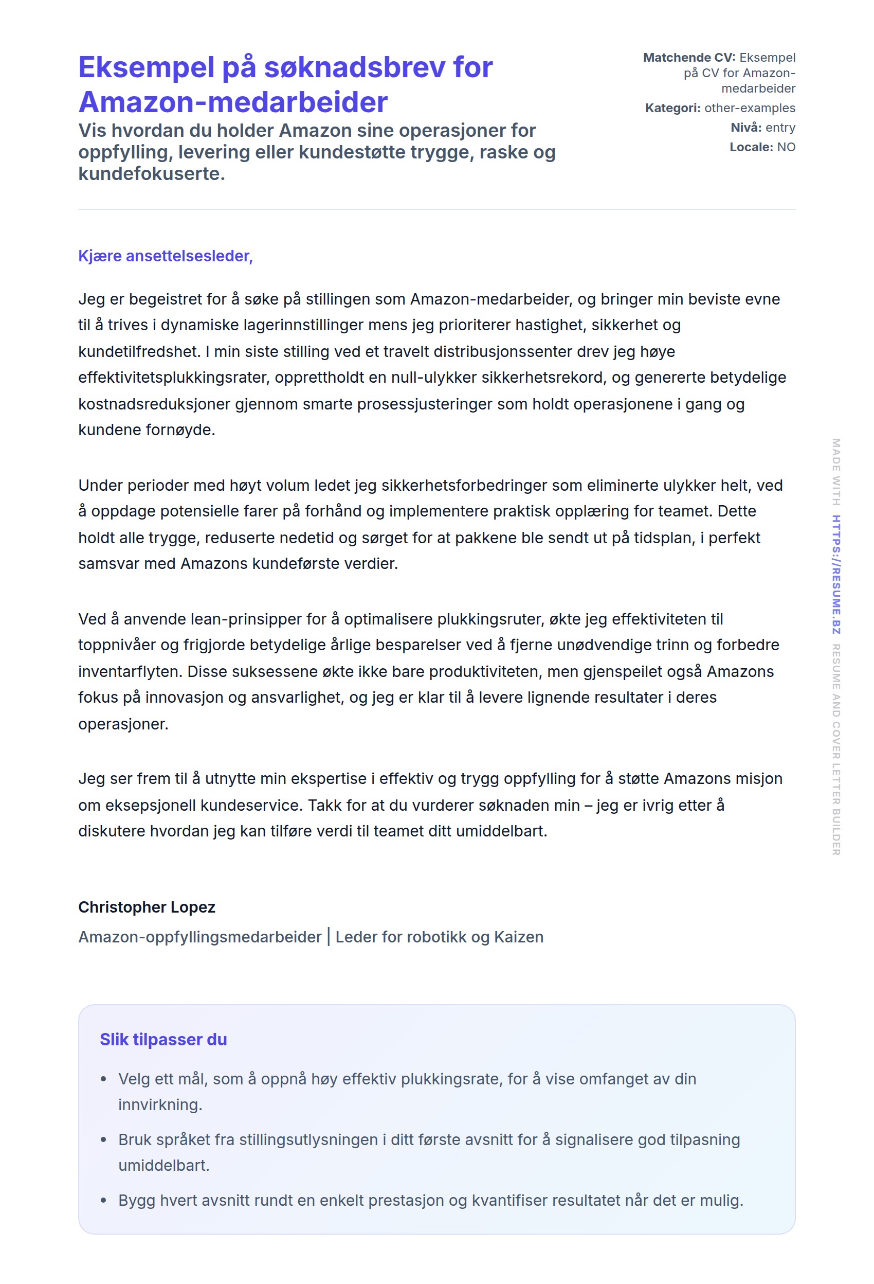 Eksempel på søknadsbrev for Amazon-medarbeider