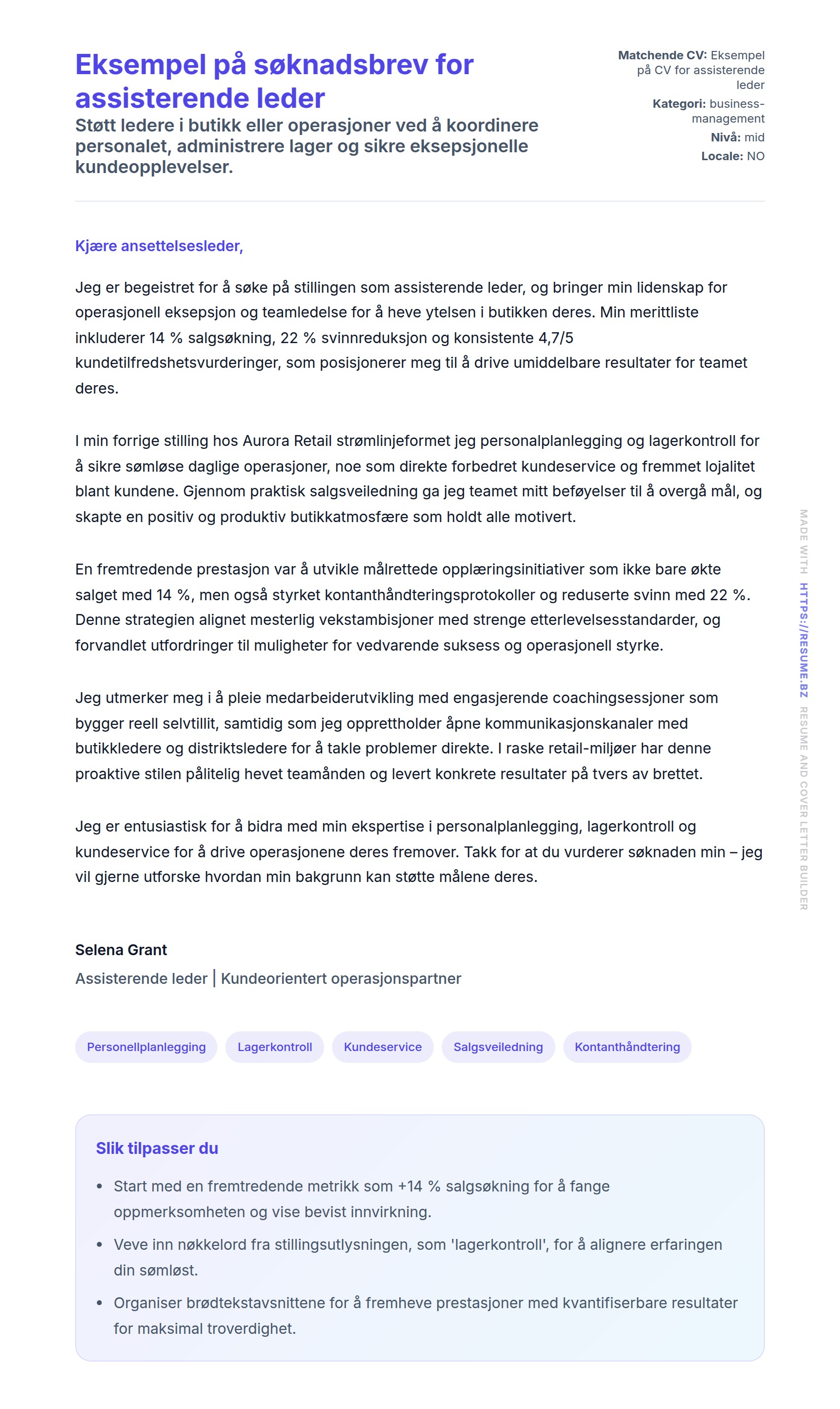 Forhåndsvisning av søknadsbrev for Eksempel på søknadsbrev for assisterende leder