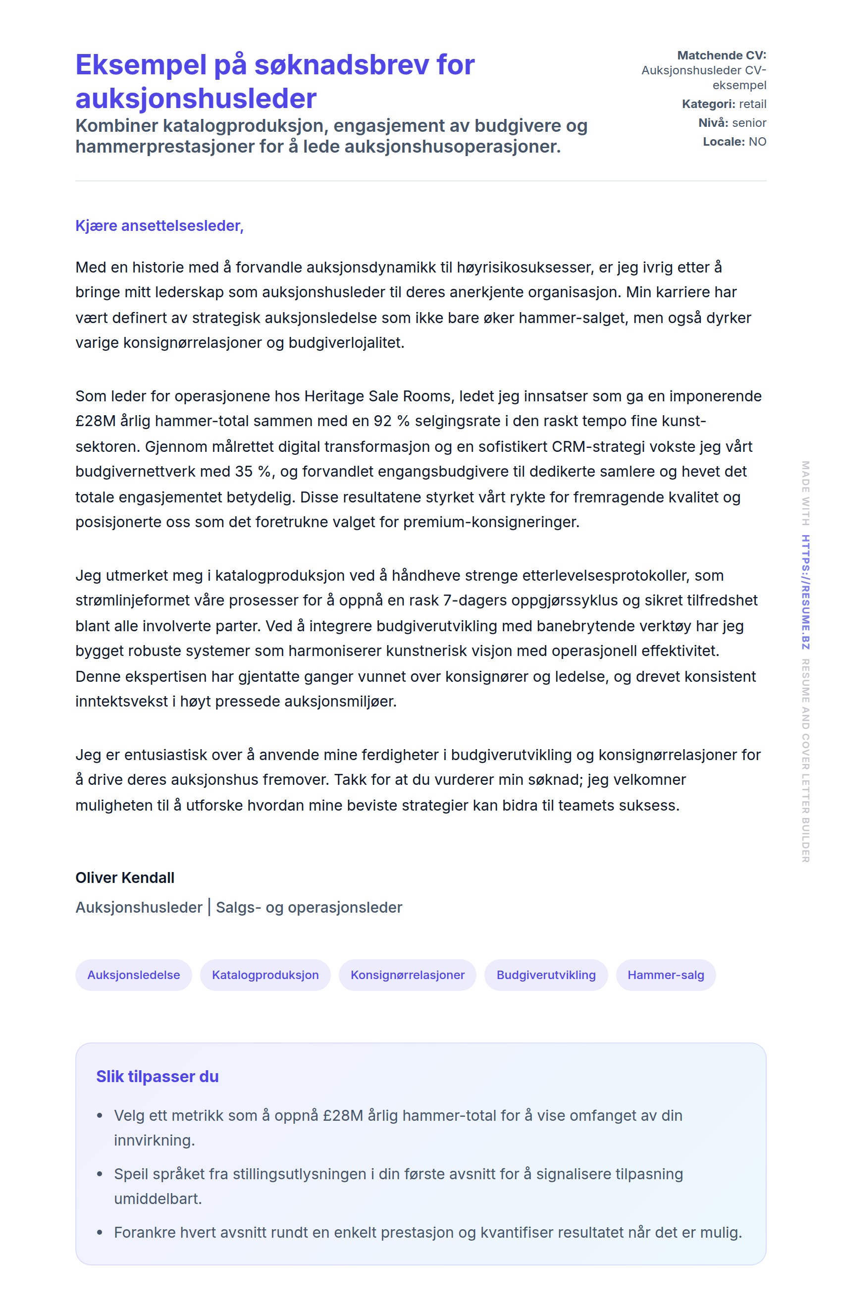 Forhåndsvisning av søknadsbrev for Eksempel på søknadsbrev for auksjonshusleder