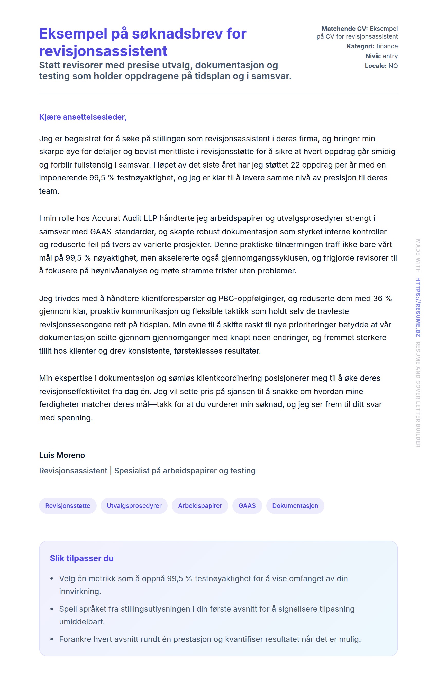 Forhåndsvisning av søknadsbrev for Eksempel på søknadsbrev for revisjonsassistent