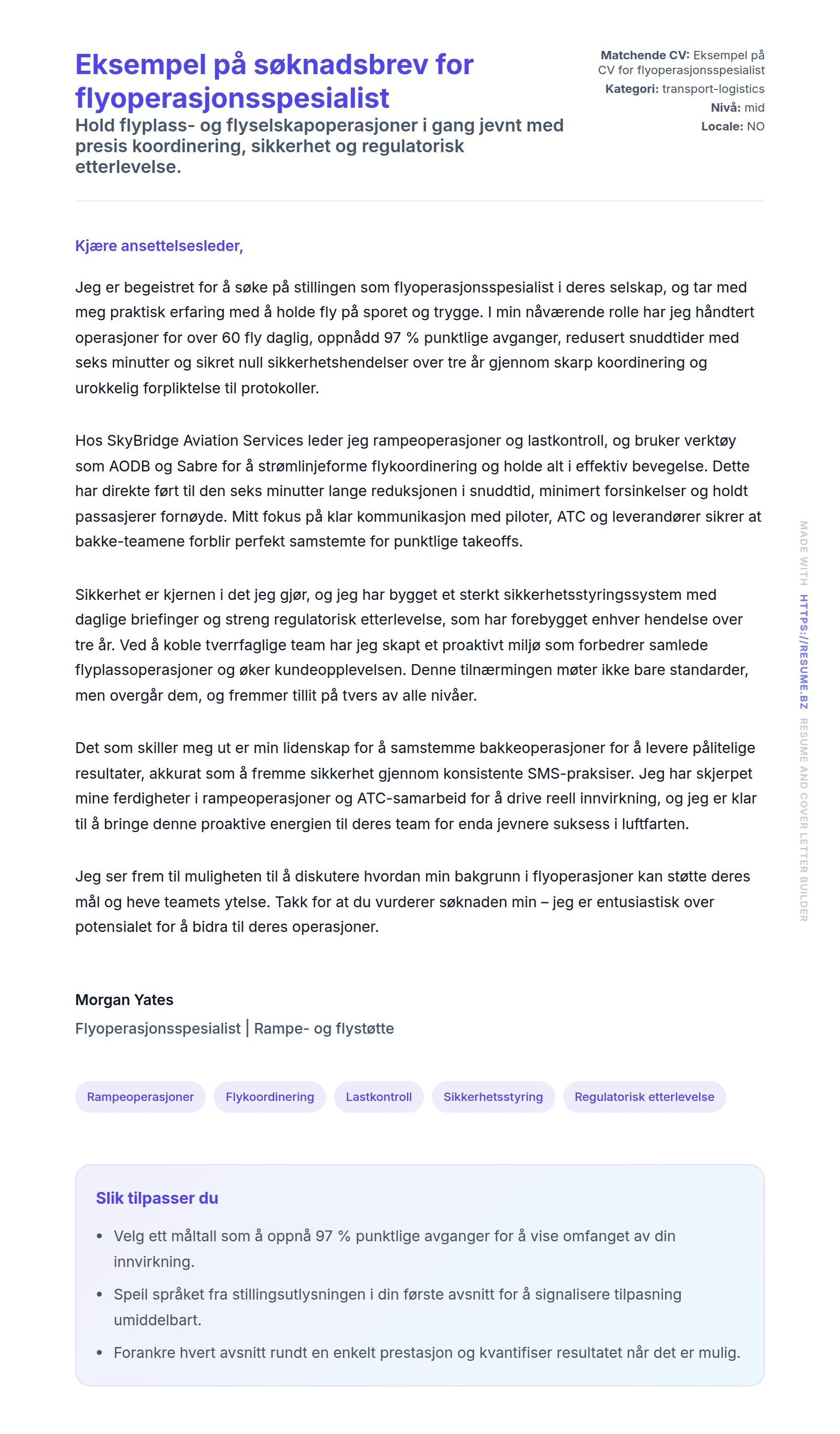 Forhåndsvisning av søknadsbrev for Eksempel på søknadsbrev for flyoperasjonsspesialist