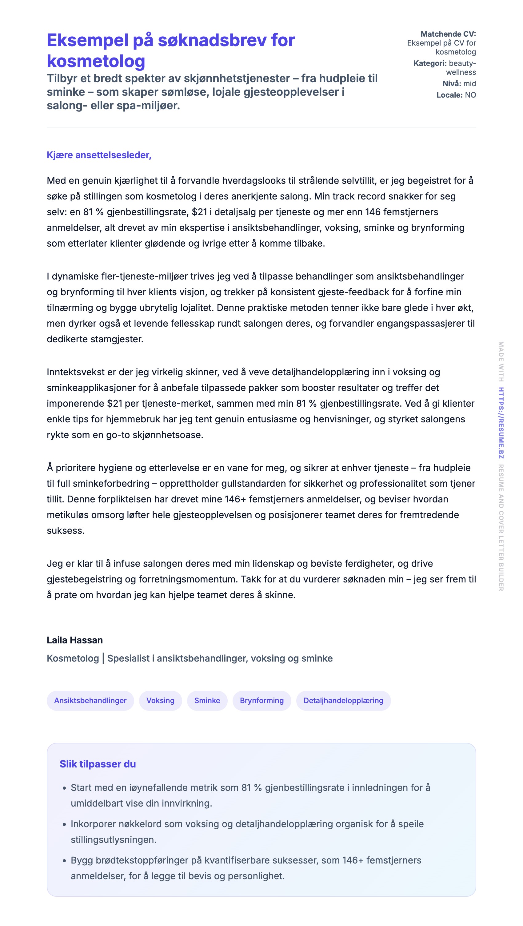 Forhåndsvisning av søknadsbrev for Eksempel på søknadsbrev for kosmetolog