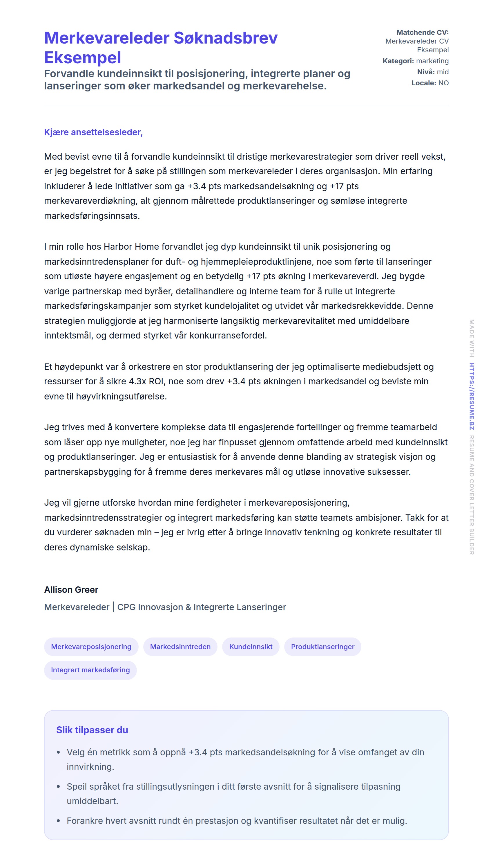 Forhåndsvisning av søknadsbrev for Merkevareleder Søknadsbrev Eksempel