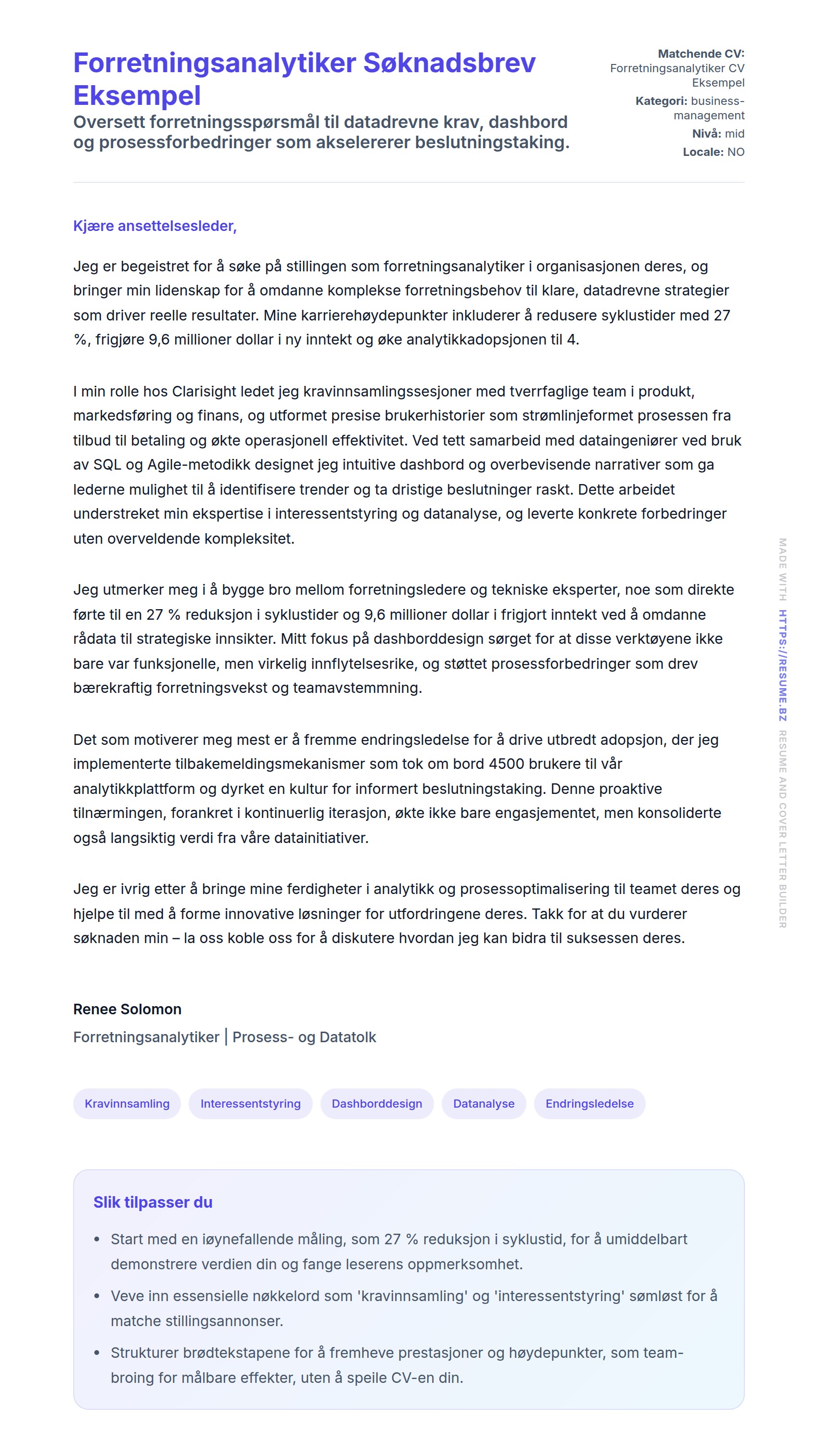Forhåndsvisning av søknadsbrev for Forretningsanalytiker Søknadsbrev Eksempel