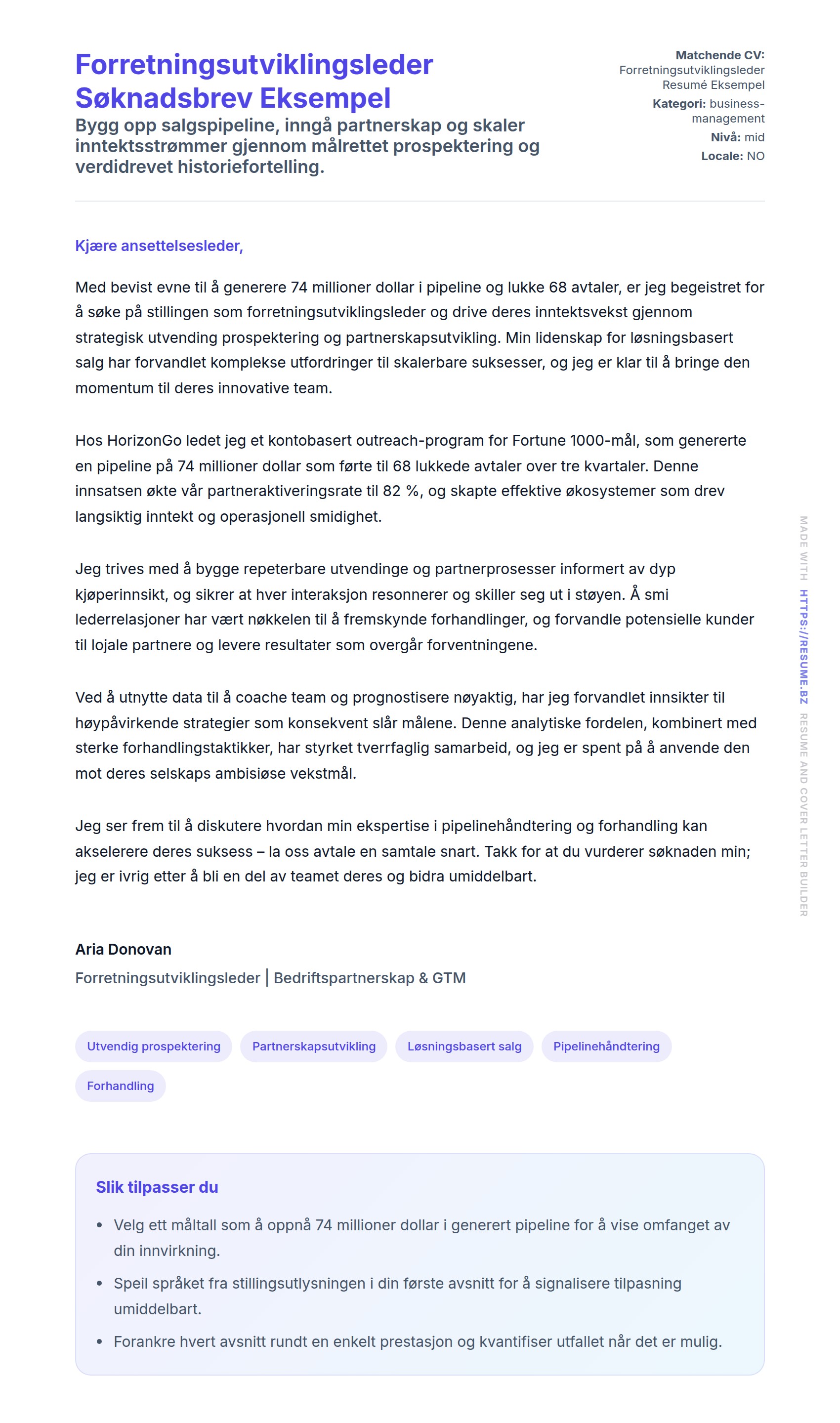 Forhåndsvisning av søknadsbrev for Forretningsutviklingsleder Søknadsbrev Eksempel