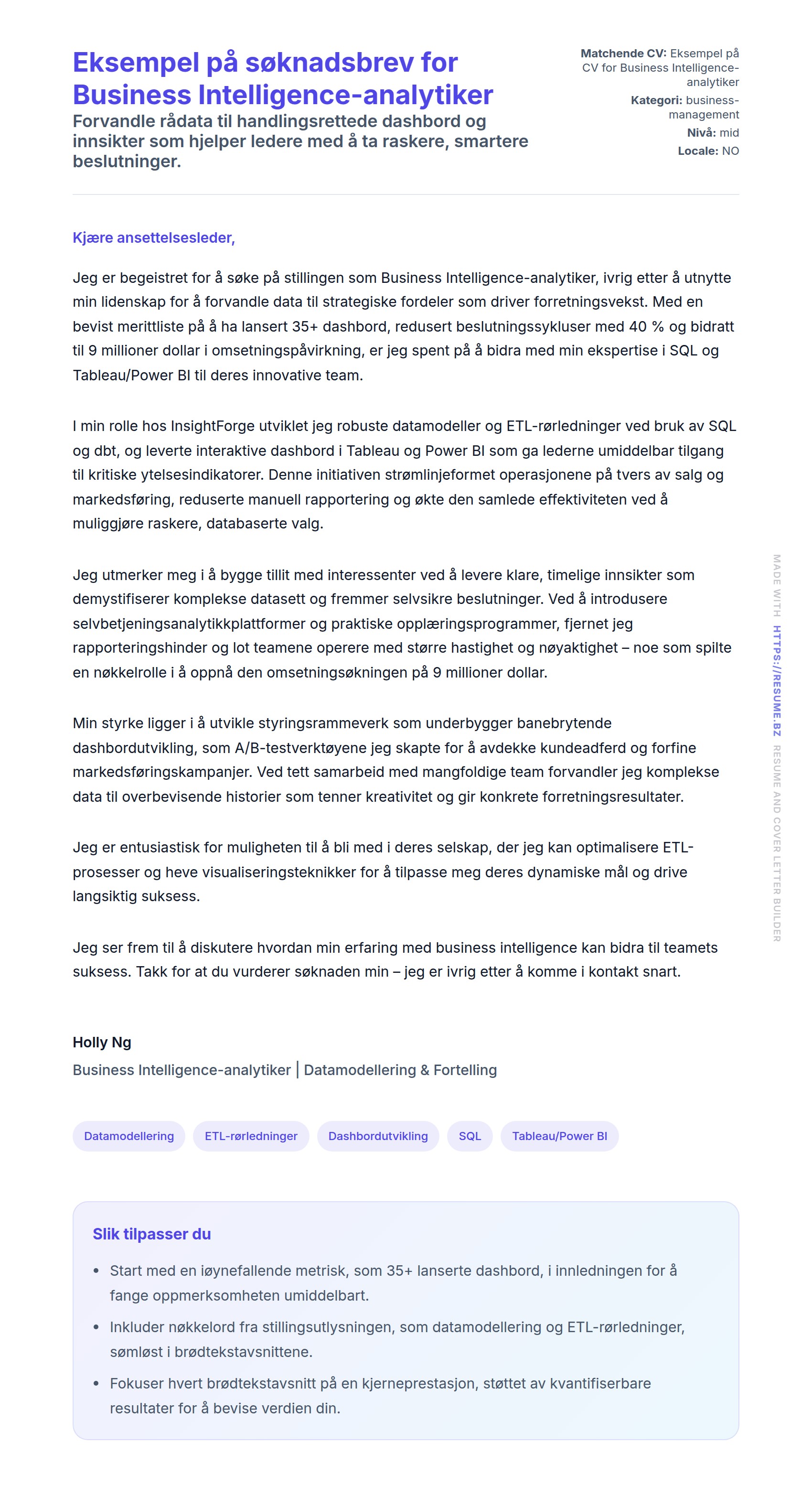 Forhåndsvisning av søknadsbrev for Eksempel på søknadsbrev for Business Intelligence-analytiker