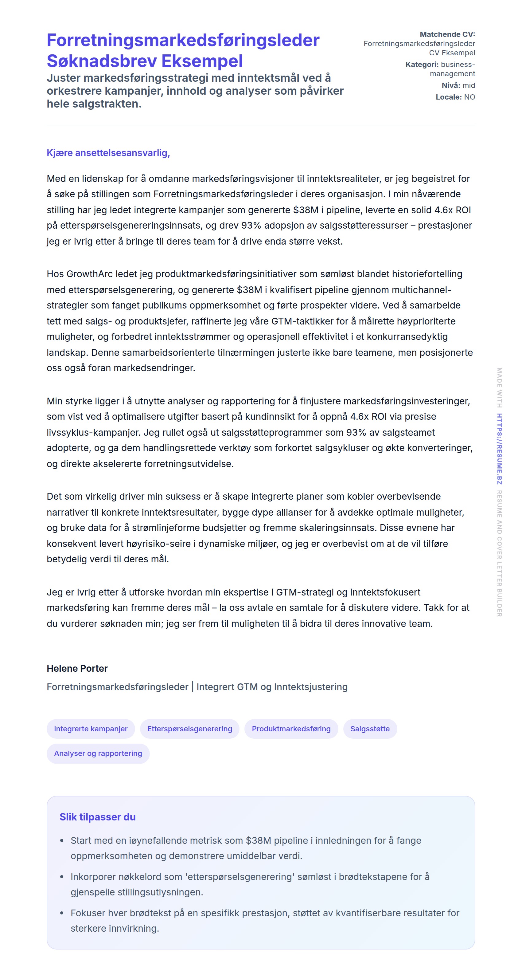 Forhåndsvisning av søknadsbrev for Forretningsmarkedsføringsleder Søknadsbrev Eksempel