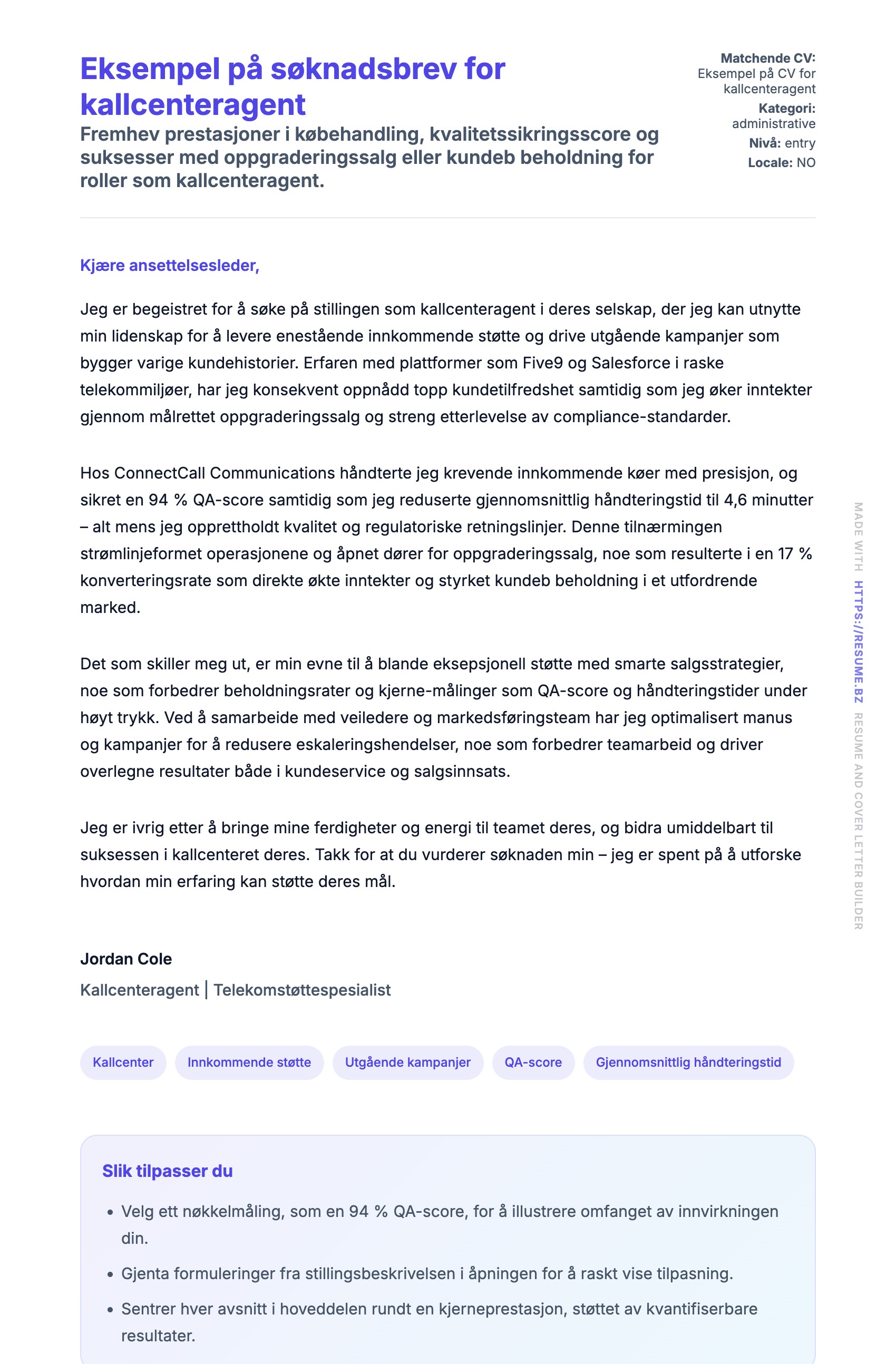 Forhåndsvisning av søknadsbrev for Eksempel på søknadsbrev for kallcenteragent