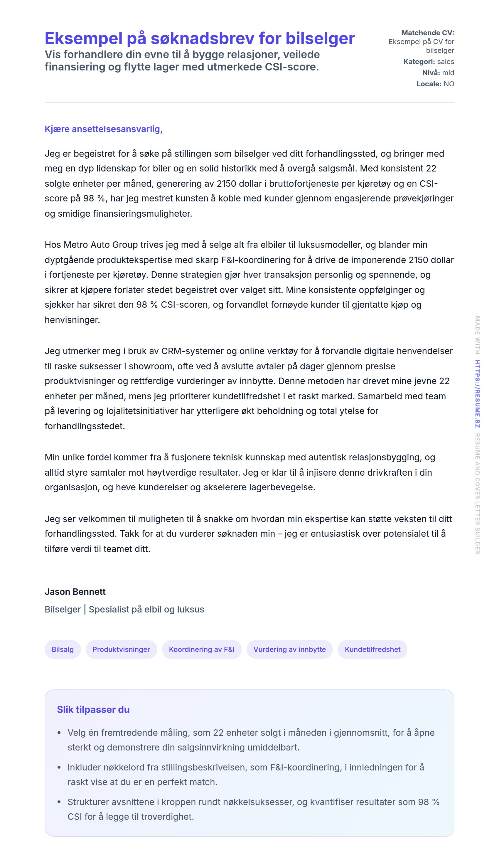 Forhåndsvisning av søknadsbrev for Eksempel på søknadsbrev for bilselger