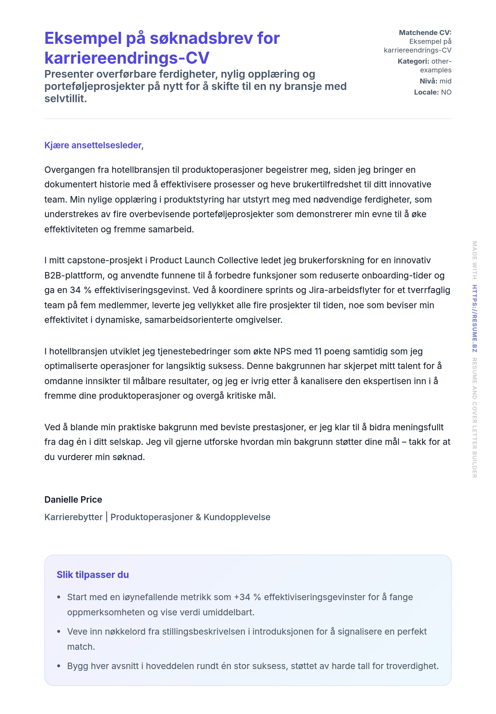 Forhåndsvisning av søknadsbrev for Eksempel på søknadsbrev for karriereendrings-CV
