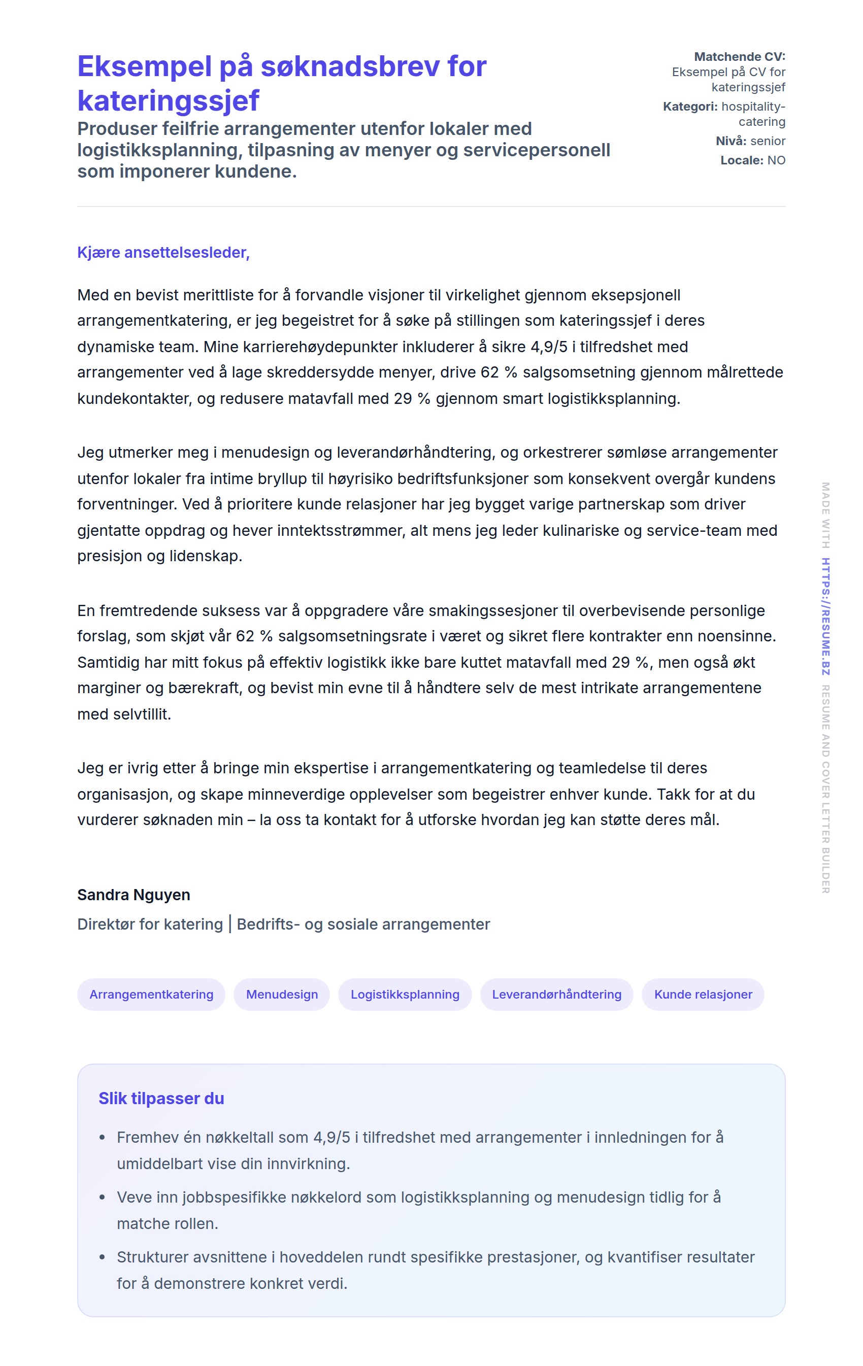Forhåndsvisning av søknadsbrev for Eksempel på søknadsbrev for kateringssjef