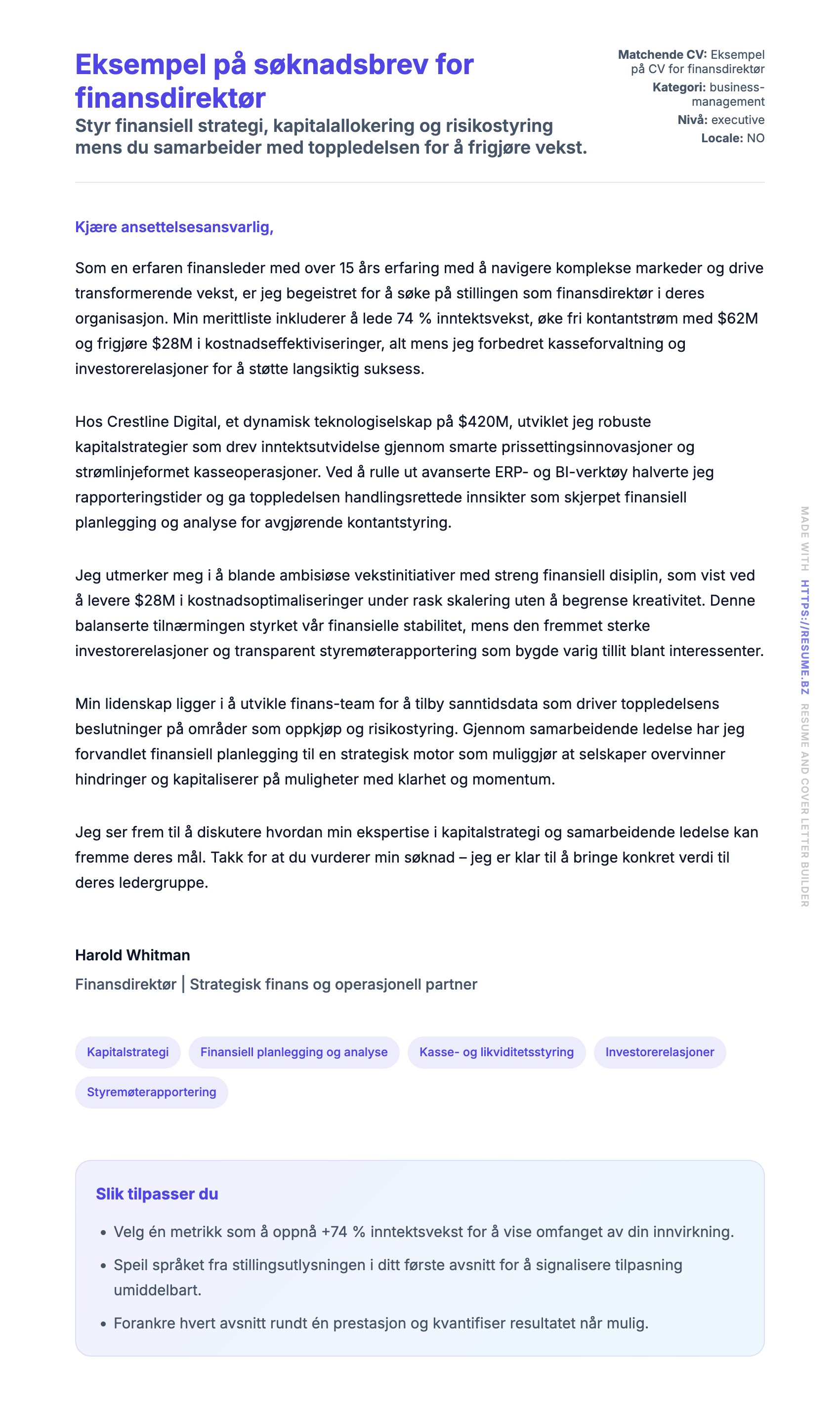 Forhåndsvisning av søknadsbrev for Eksempel på søknadsbrev for finansdirektør