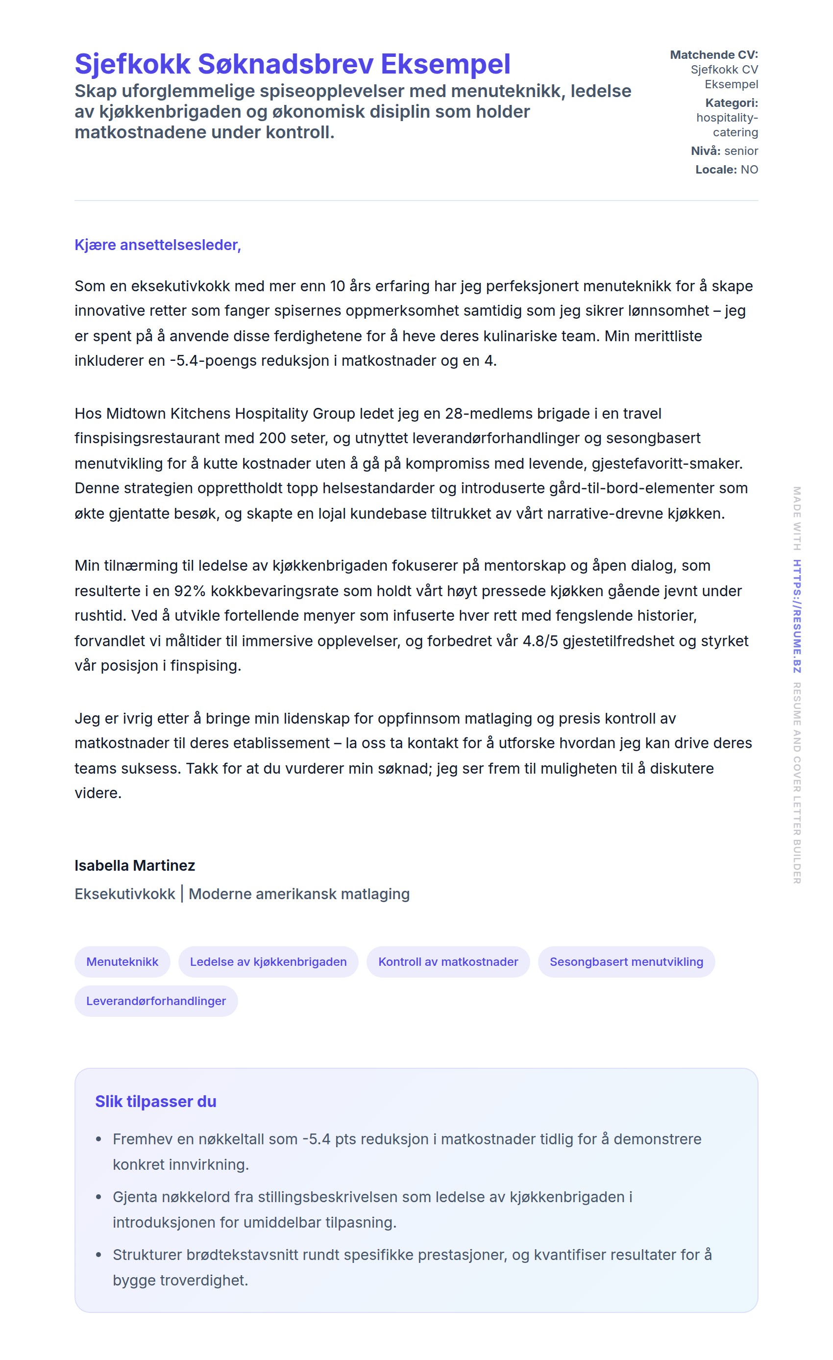 Forhåndsvisning av søknadsbrev for Sjefkokk Søknadsbrev Eksempel