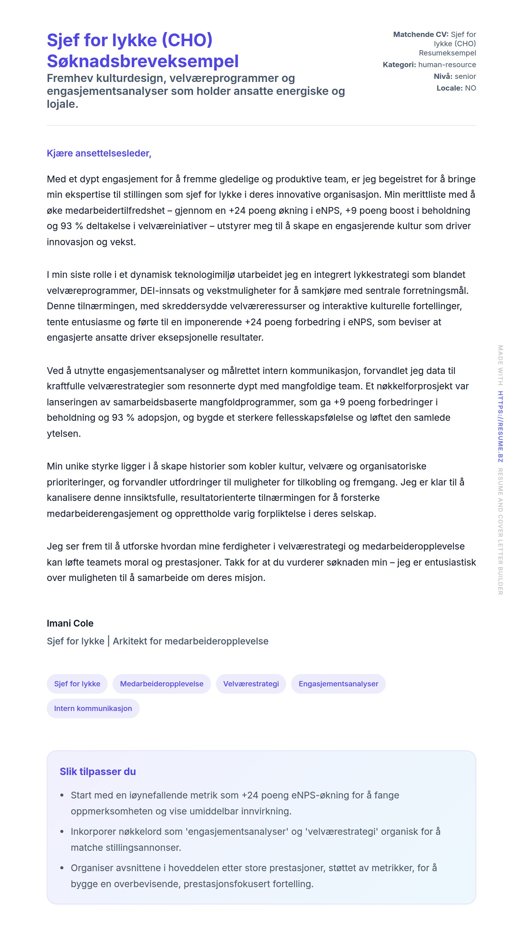 Forhåndsvisning av søknadsbrev for Sjef for lykke (CHO) Søknadsbreveksempel