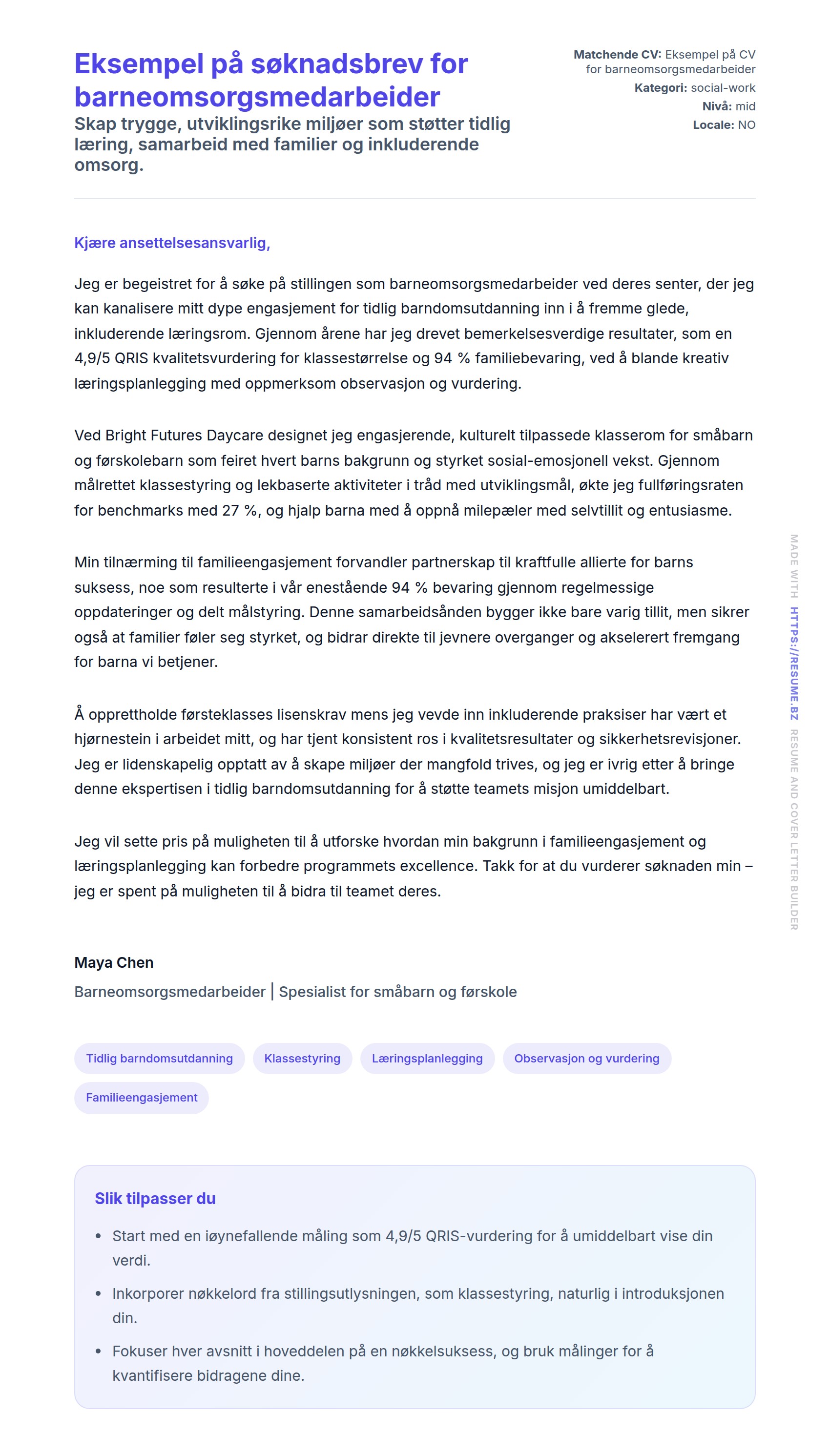 Forhåndsvisning av søknadsbrev for Eksempel på søknadsbrev for barneomsorgsmedarbeider