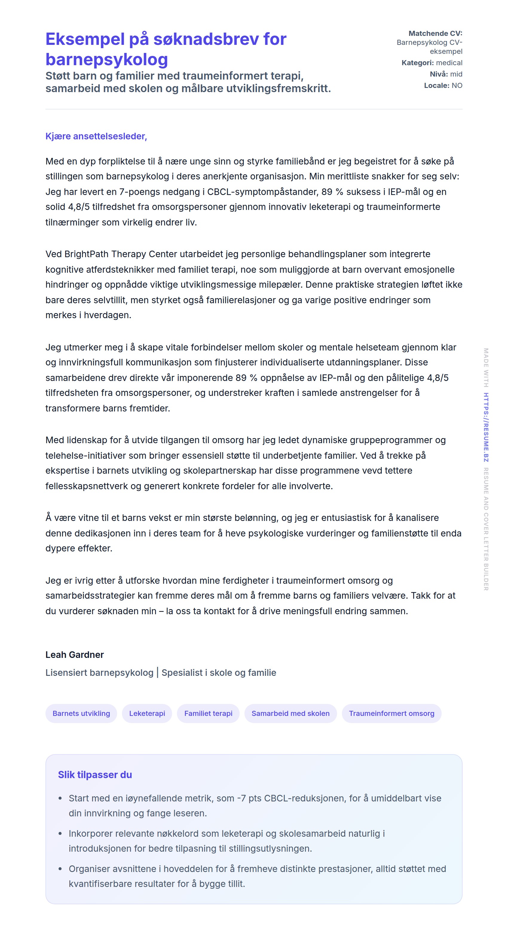Forhåndsvisning av søknadsbrev for Eksempel på søknadsbrev for barnepsykolog