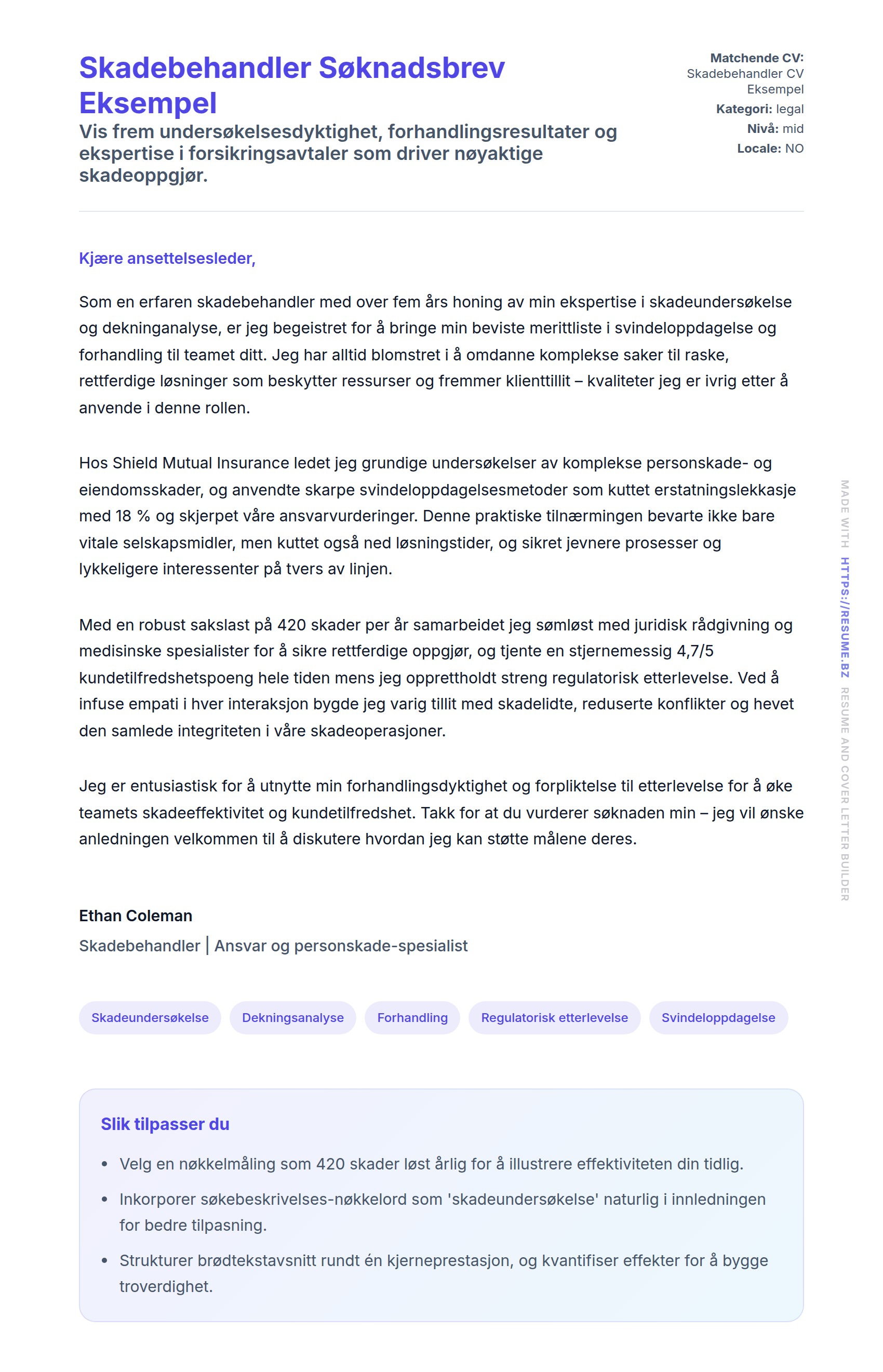 Skadebehandler Søknadsbrev Eksempel