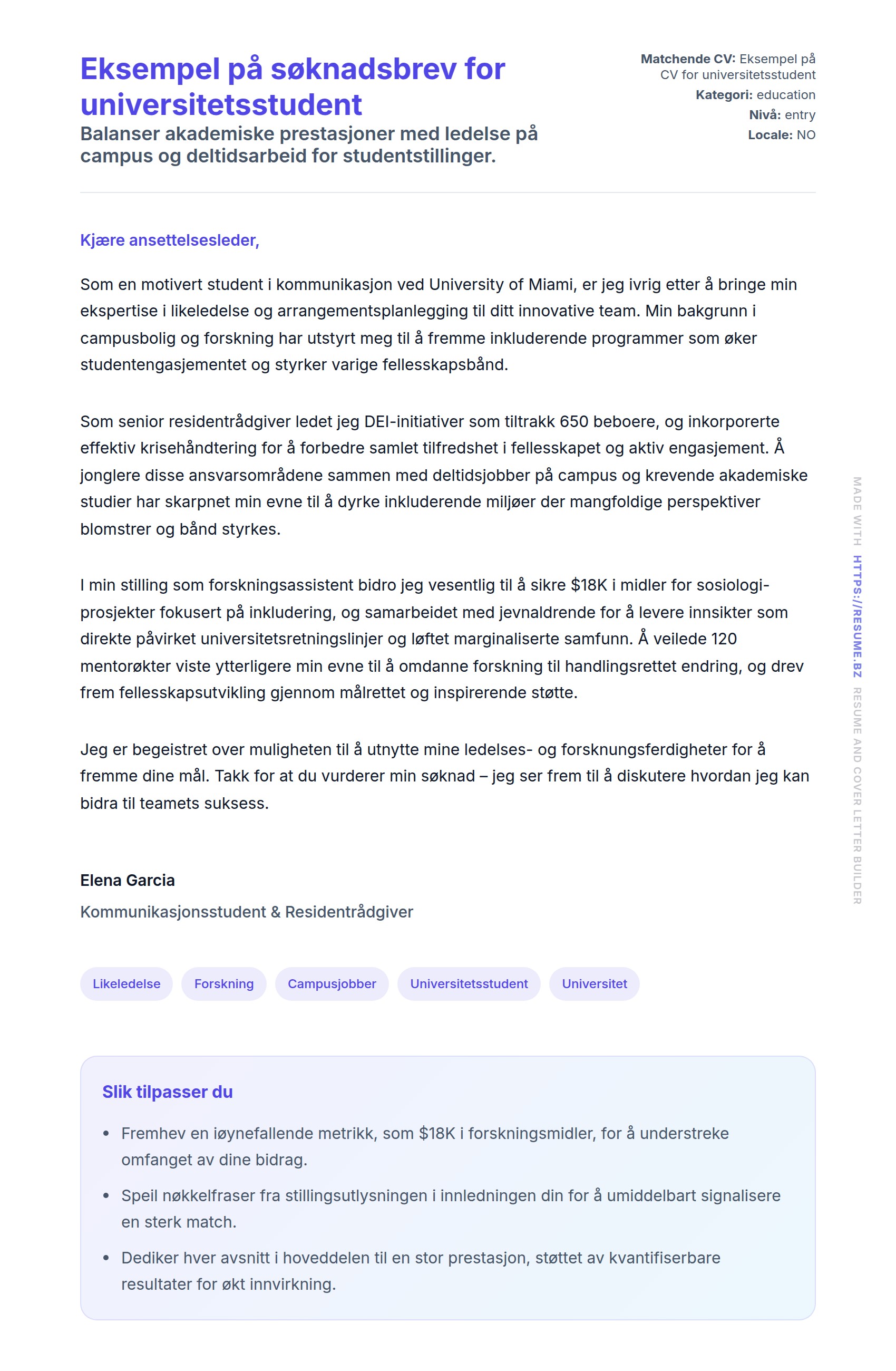 Forhåndsvisning av søknadsbrev for Eksempel på søknadsbrev for universitetsstudent