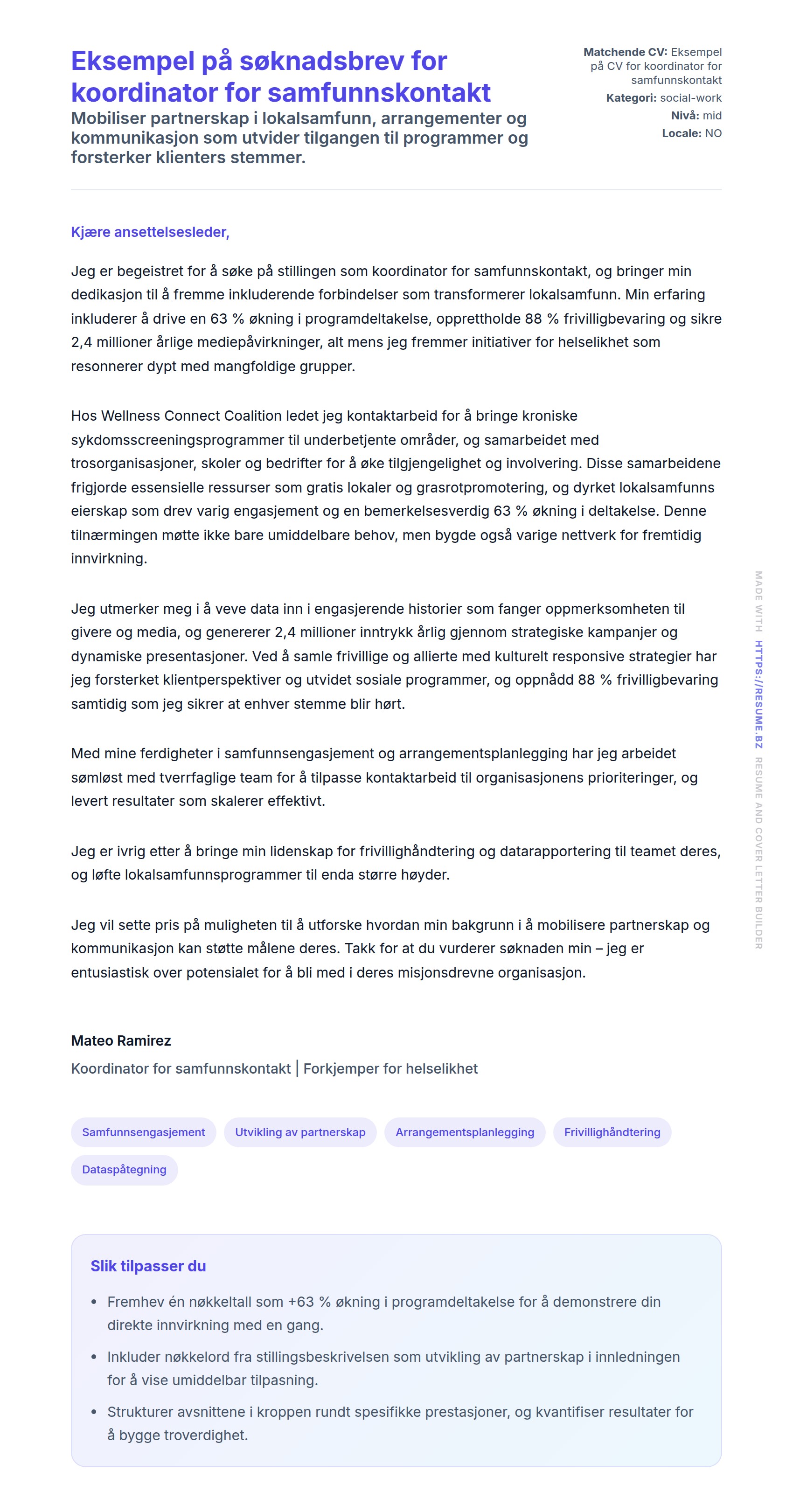 Forhåndsvisning av søknadsbrev for Eksempel på søknadsbrev for koordinator for samfunnskontakt