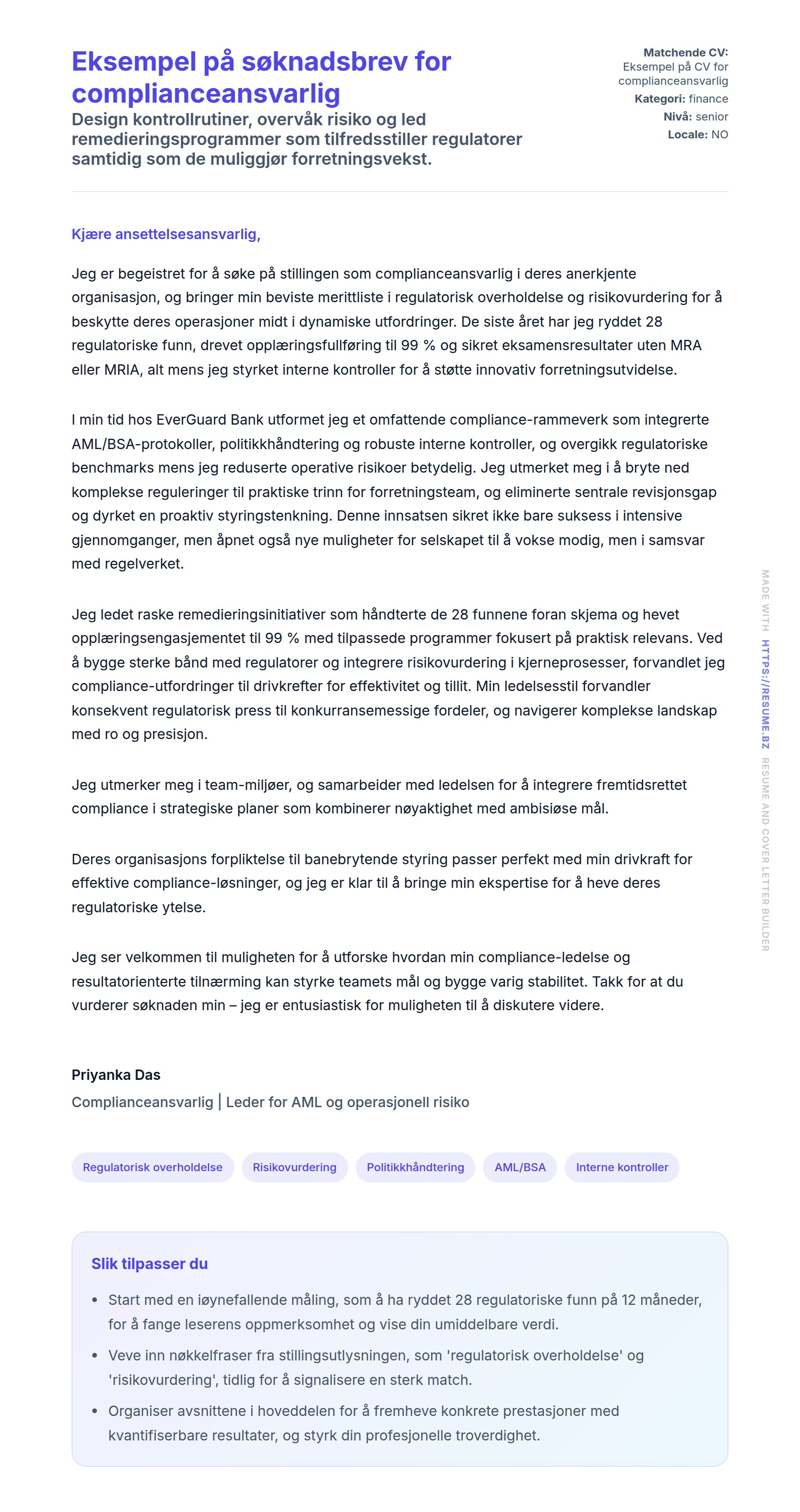 Forhåndsvisning av søknadsbrev for Eksempel på søknadsbrev for complianceansvarlig