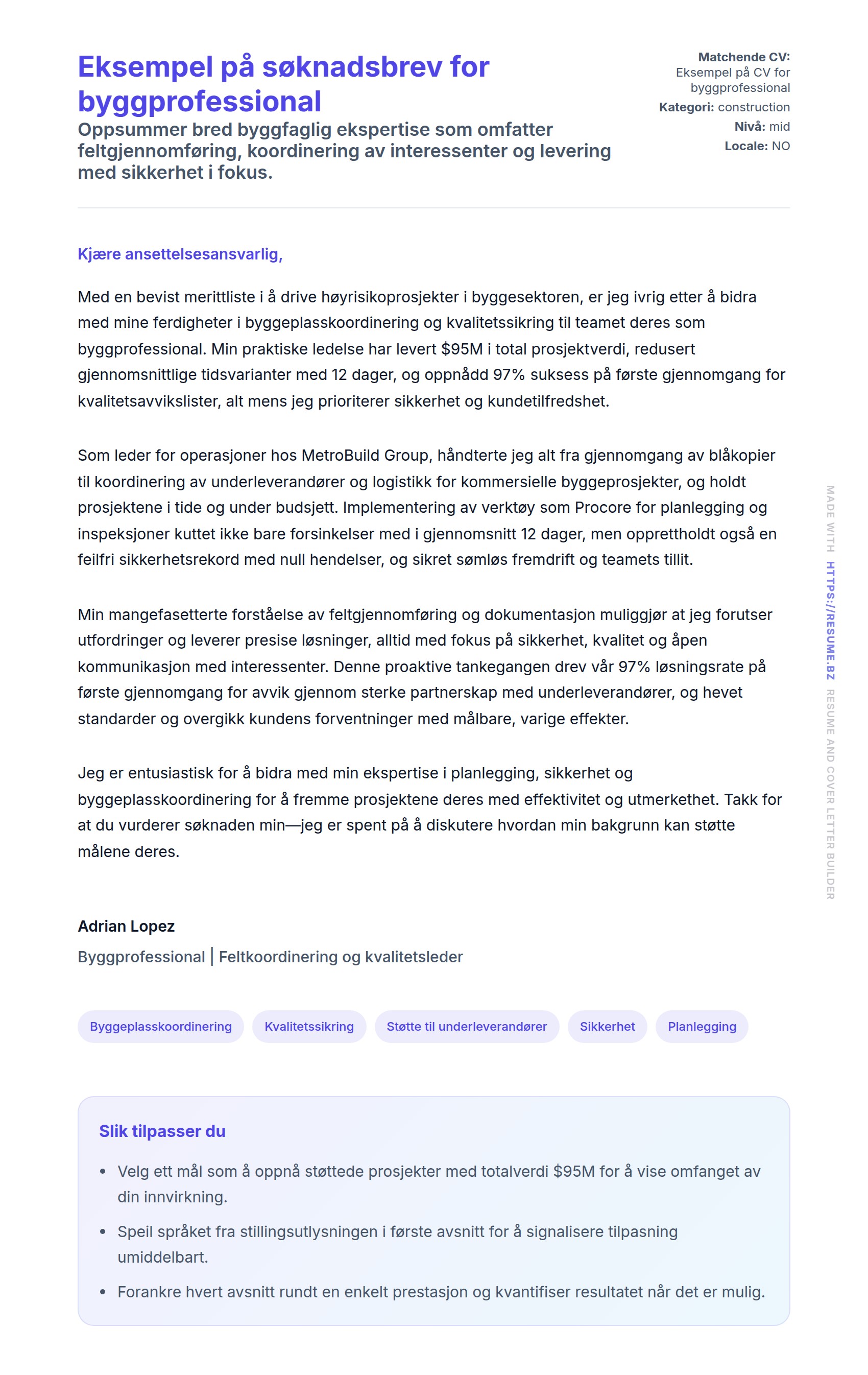 Forhåndsvisning av søknadsbrev for Eksempel på søknadsbrev for byggprofessional