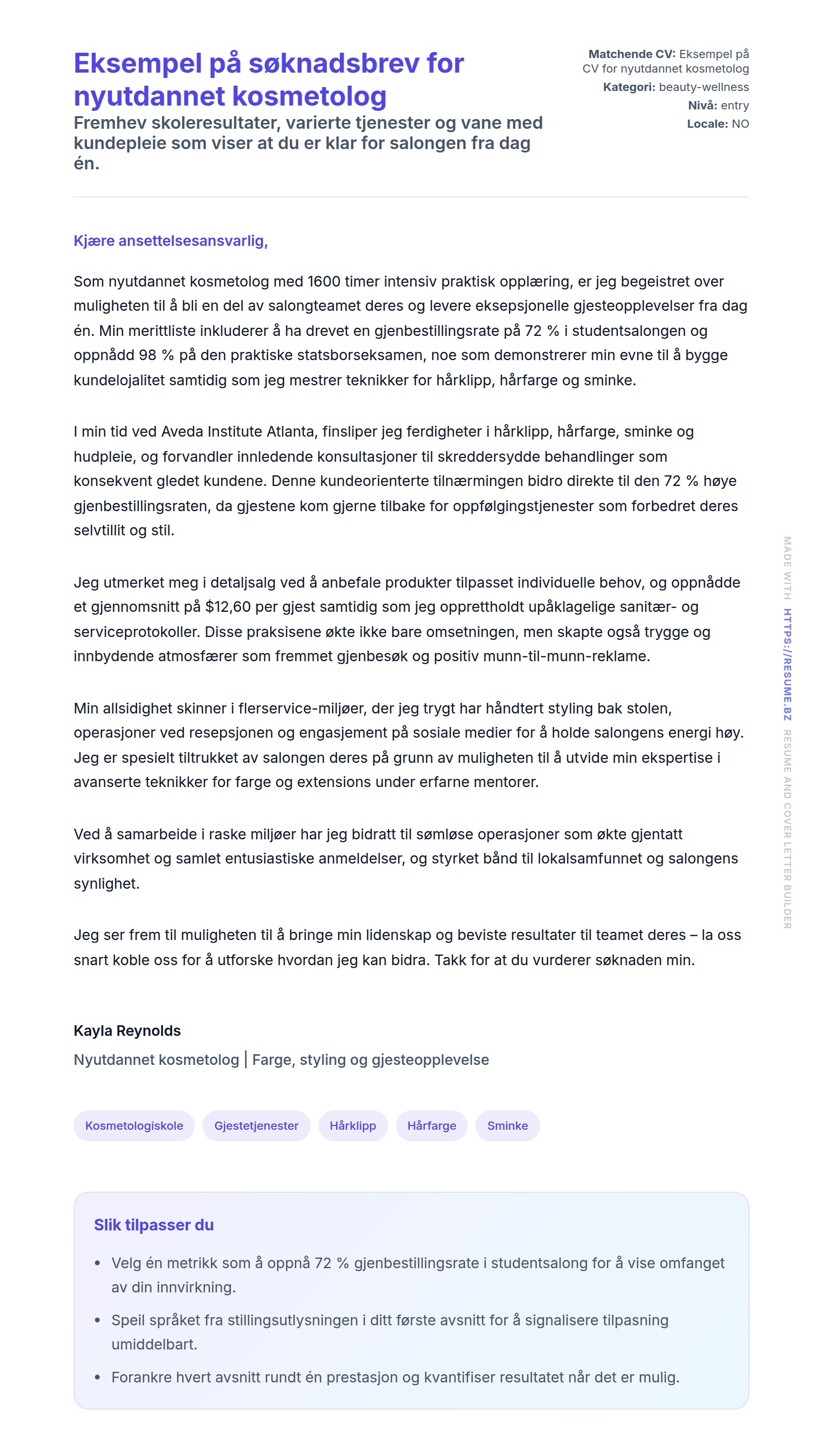 Forhåndsvisning av søknadsbrev for Eksempel på søknadsbrev for nyutdannet kosmetolog
